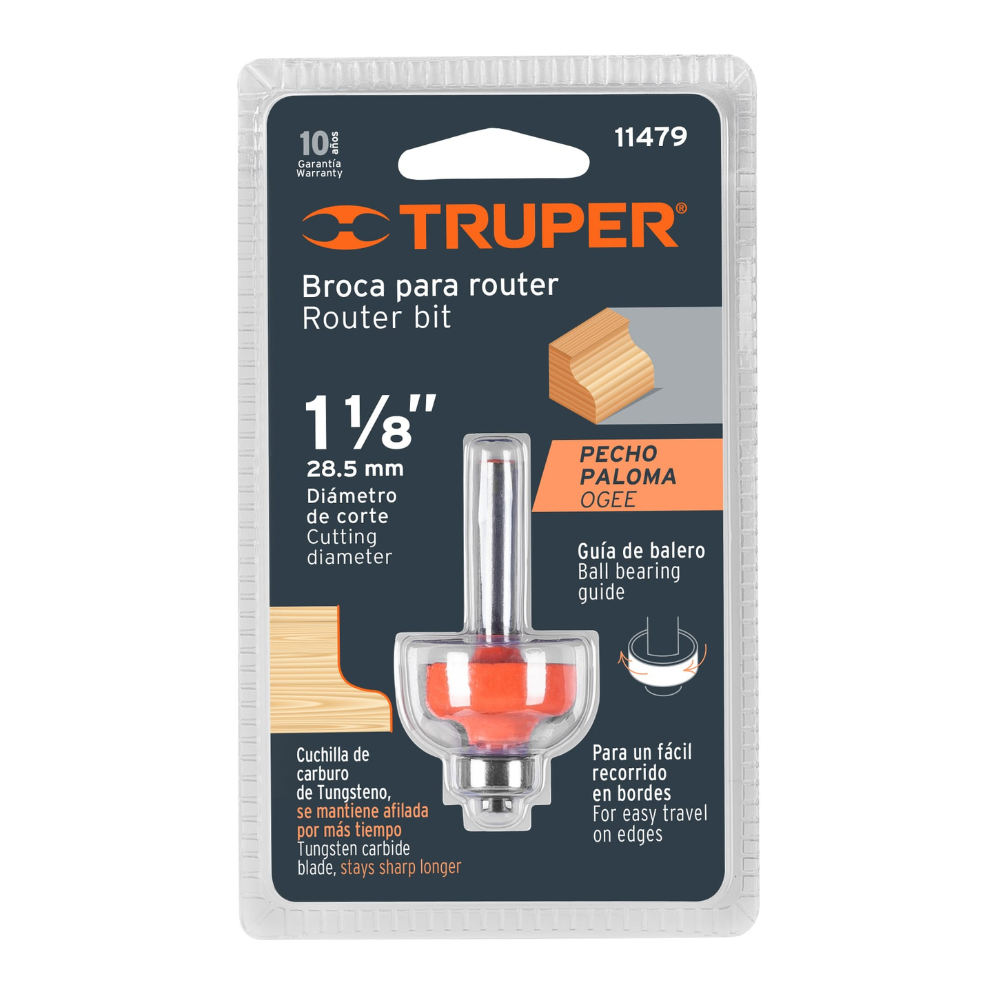 Broca para router, pecho paloma, 1-1/8" con balero