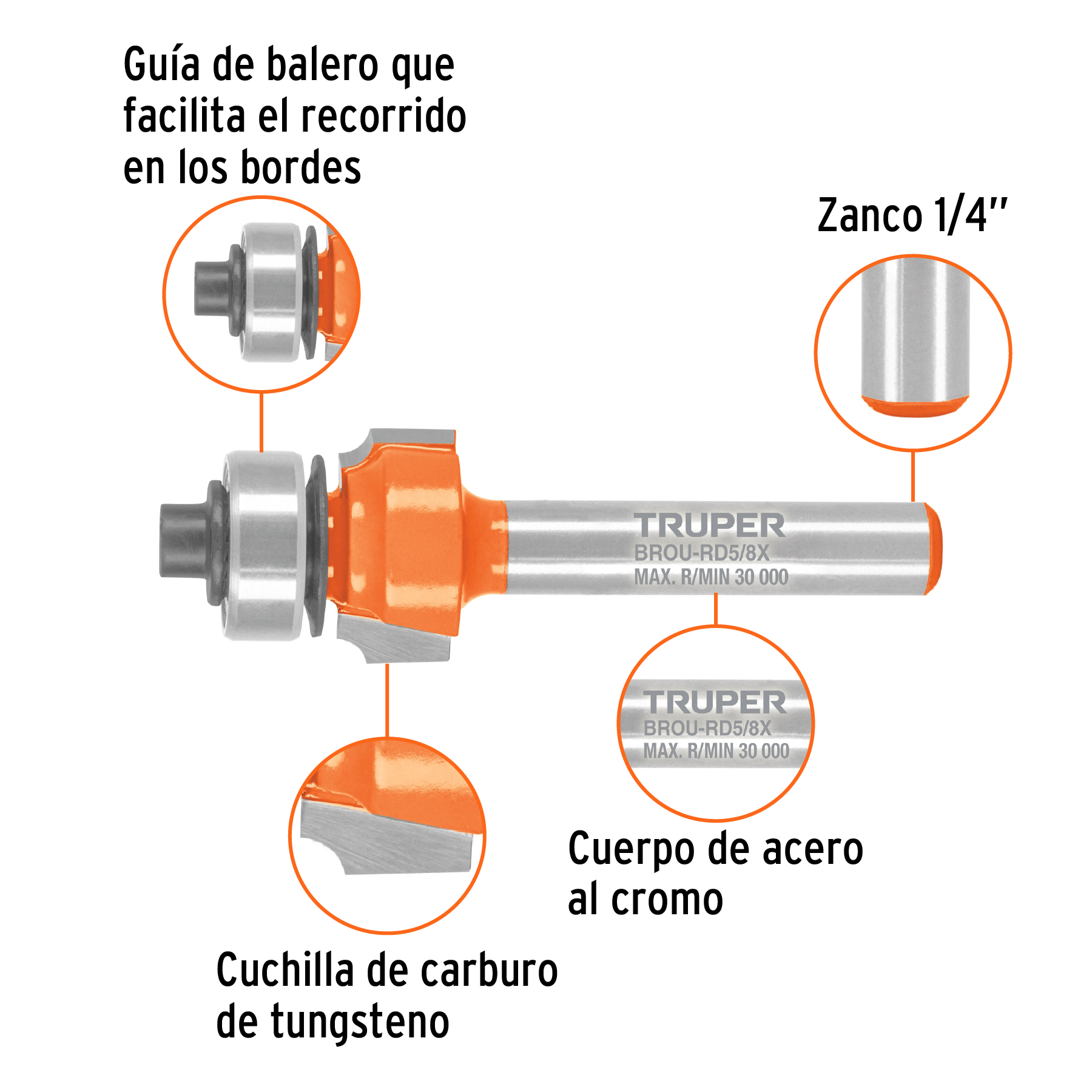 Broca para router, redondeado, 5/8' con balero