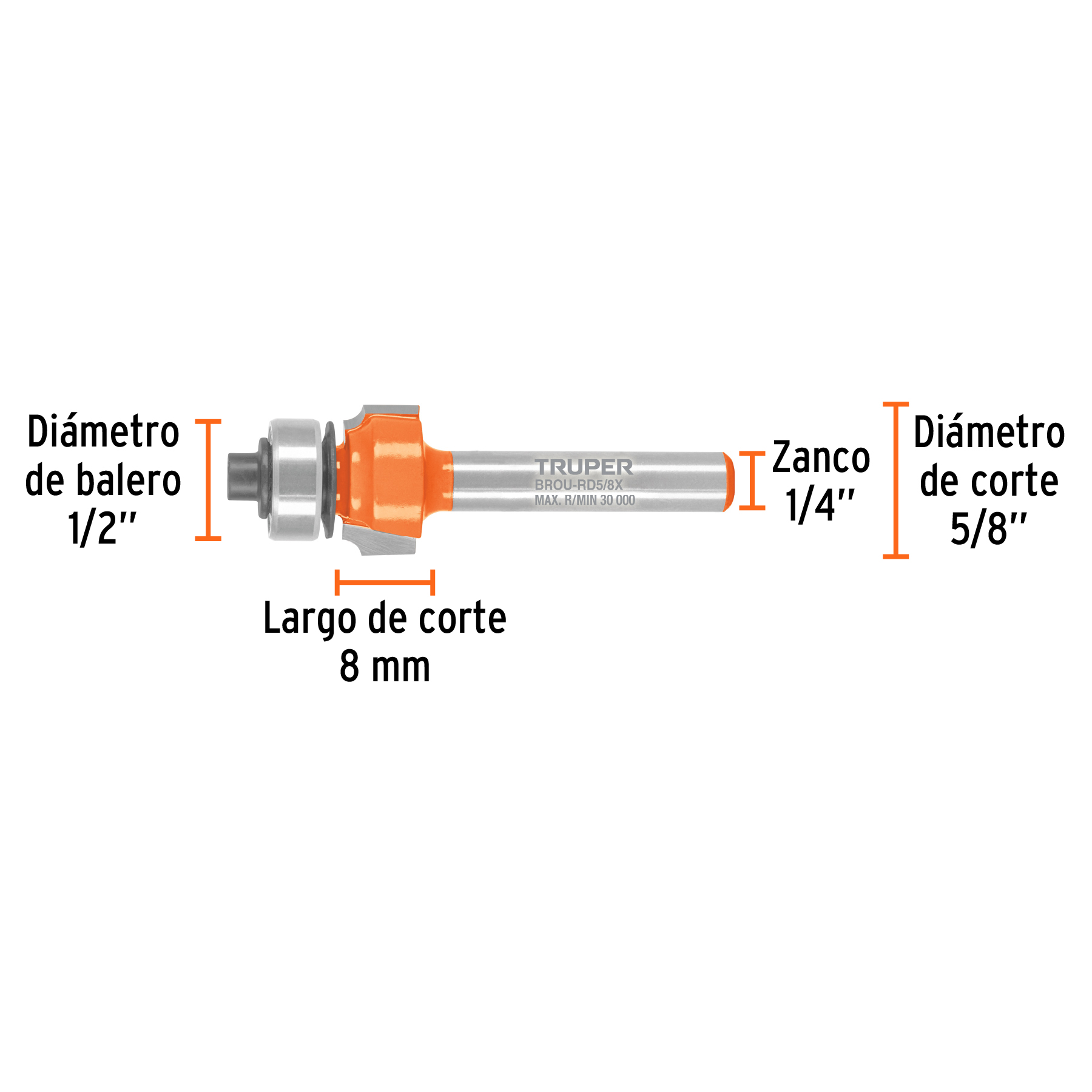 Broca para router, redondeado, 5/8' con balero