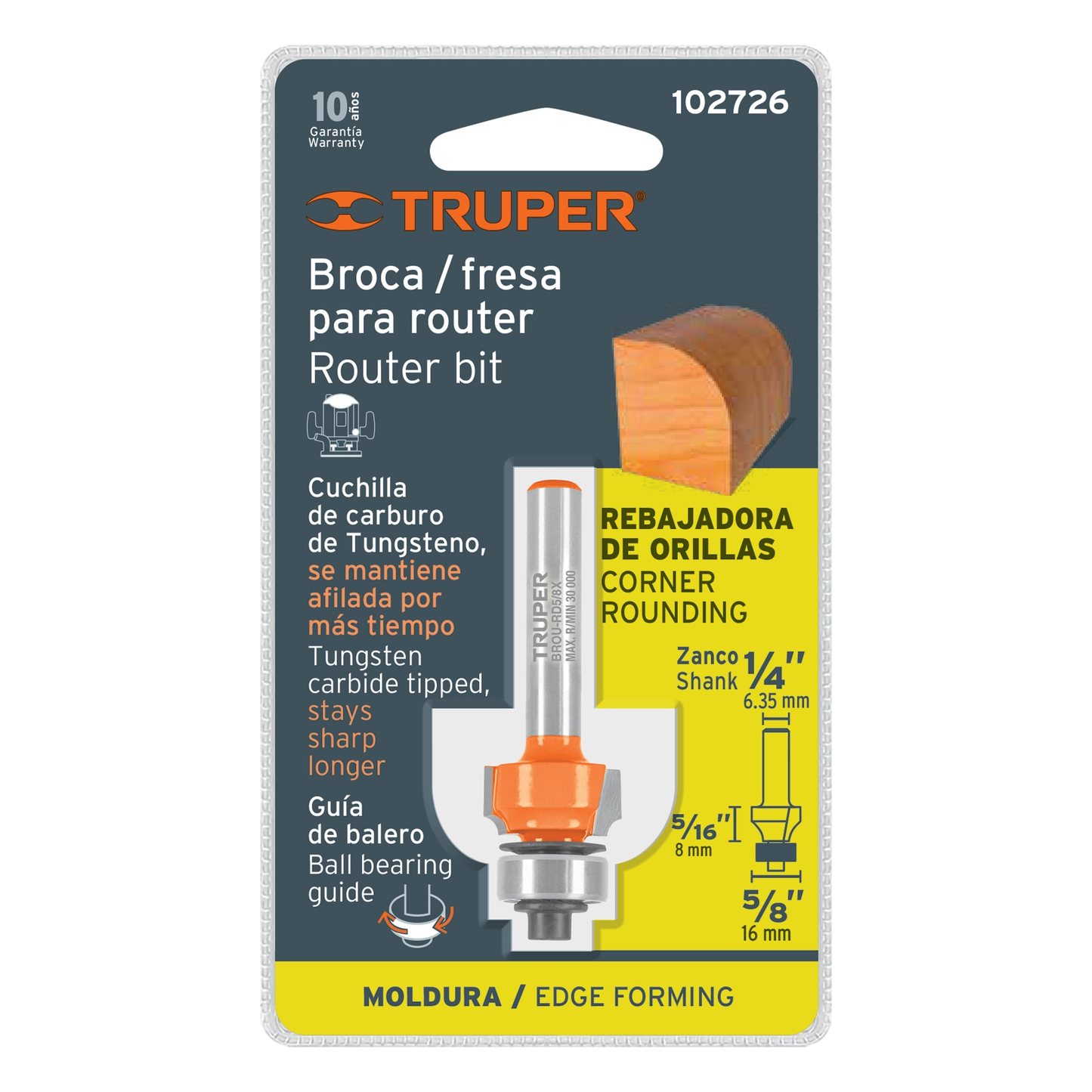 Broca para router, redondeado, 5/8' con balero