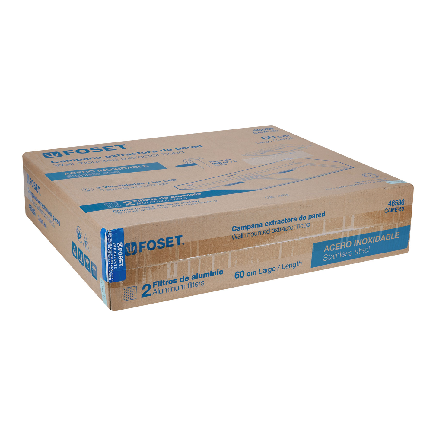 Campana extractora 60 cm, de pared, acero inoxidable, Foset