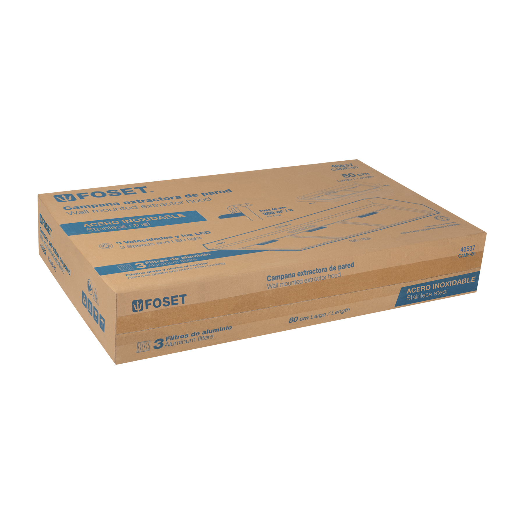 Campana extractora 80 cm, de pared, acero inoxidable, Foset