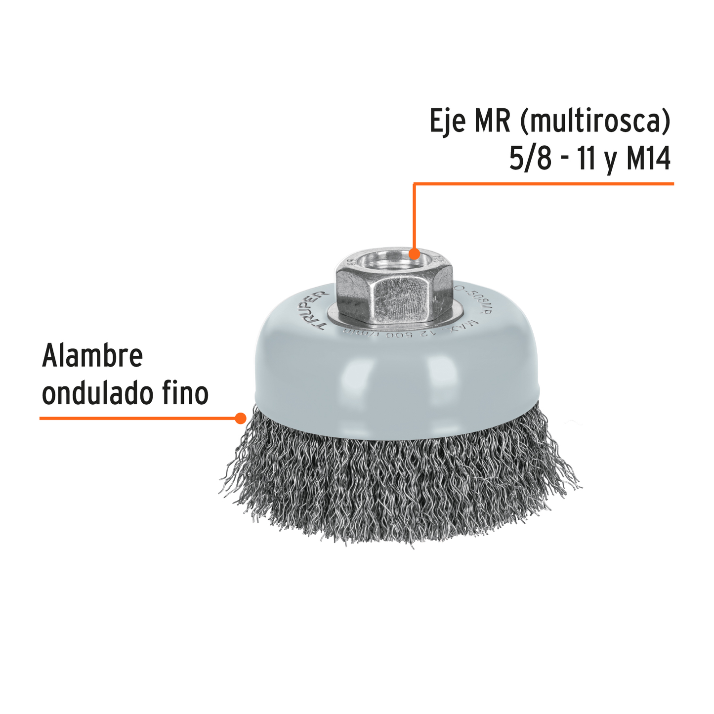 Carda de copa, alambre ondulado fino, 3', Multi rosca