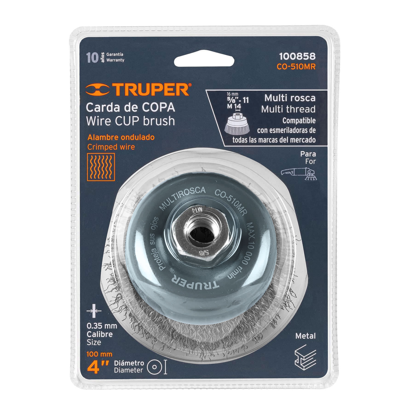 Carda de copa, alambre ondulado fino, 4', Multi rosca