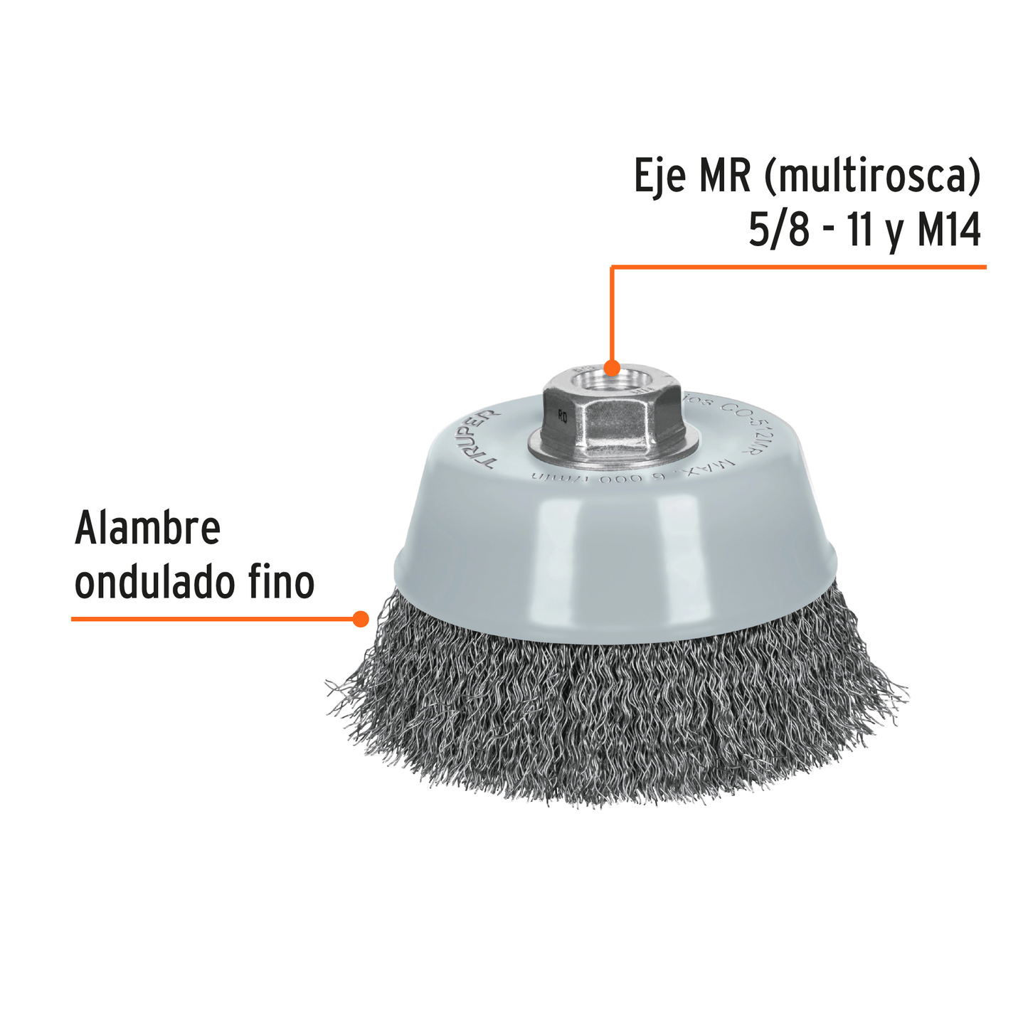 Carda de copa, alambre ondulado fino, 5', Multi rosca