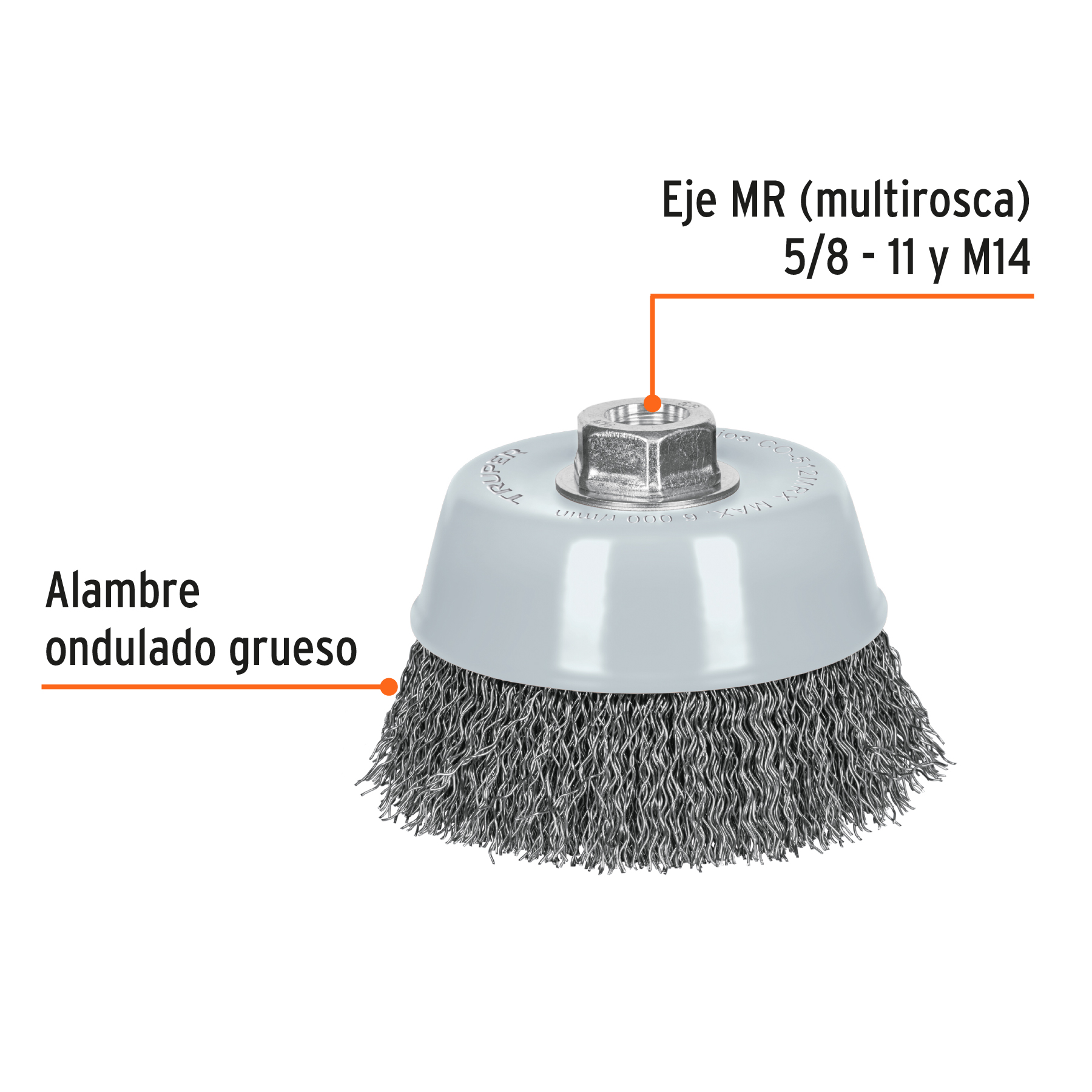 Carda de copa, alambre ondulado grueso, 5', Multi rosca