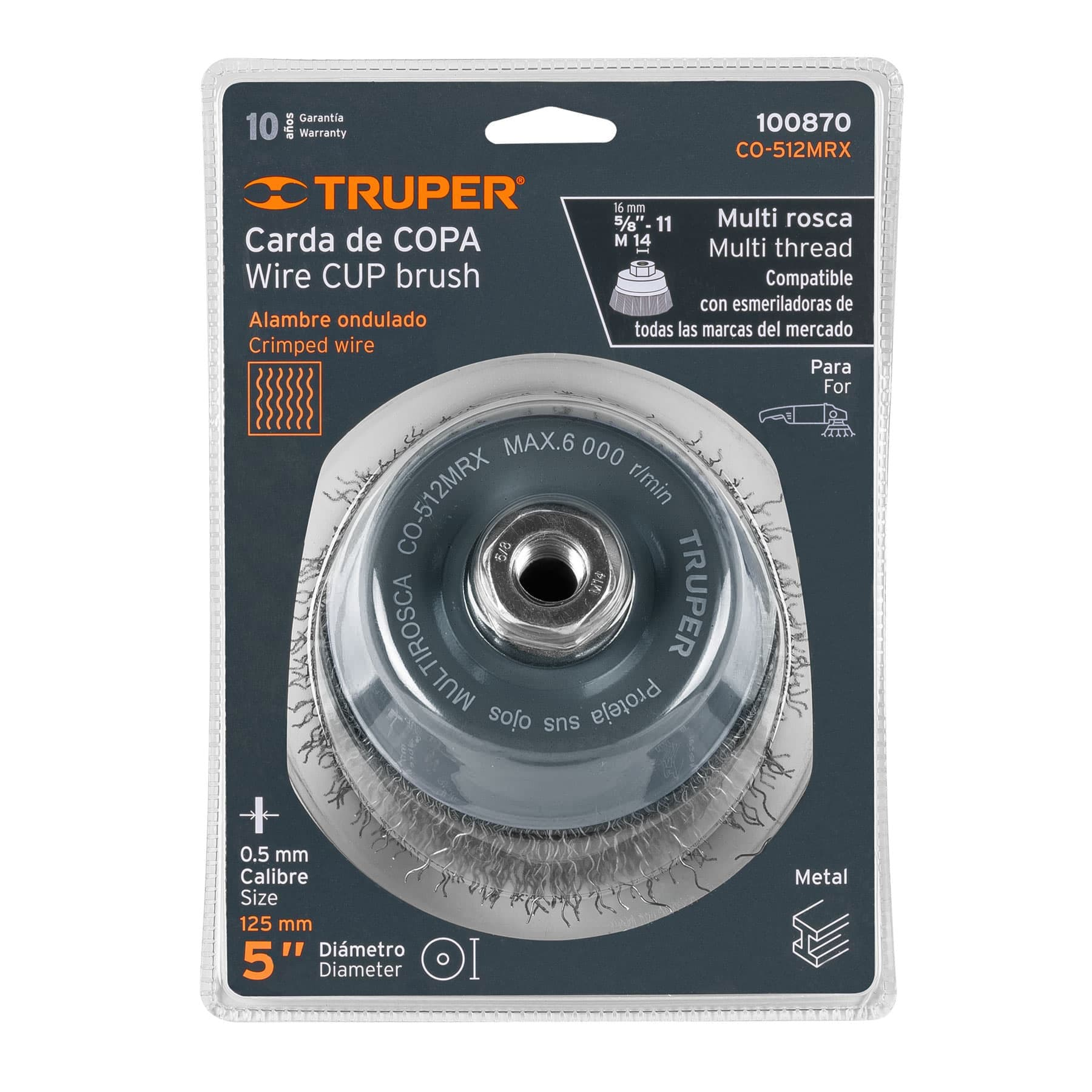 Carda de copa, alambre ondulado grueso, 5', Multi rosca