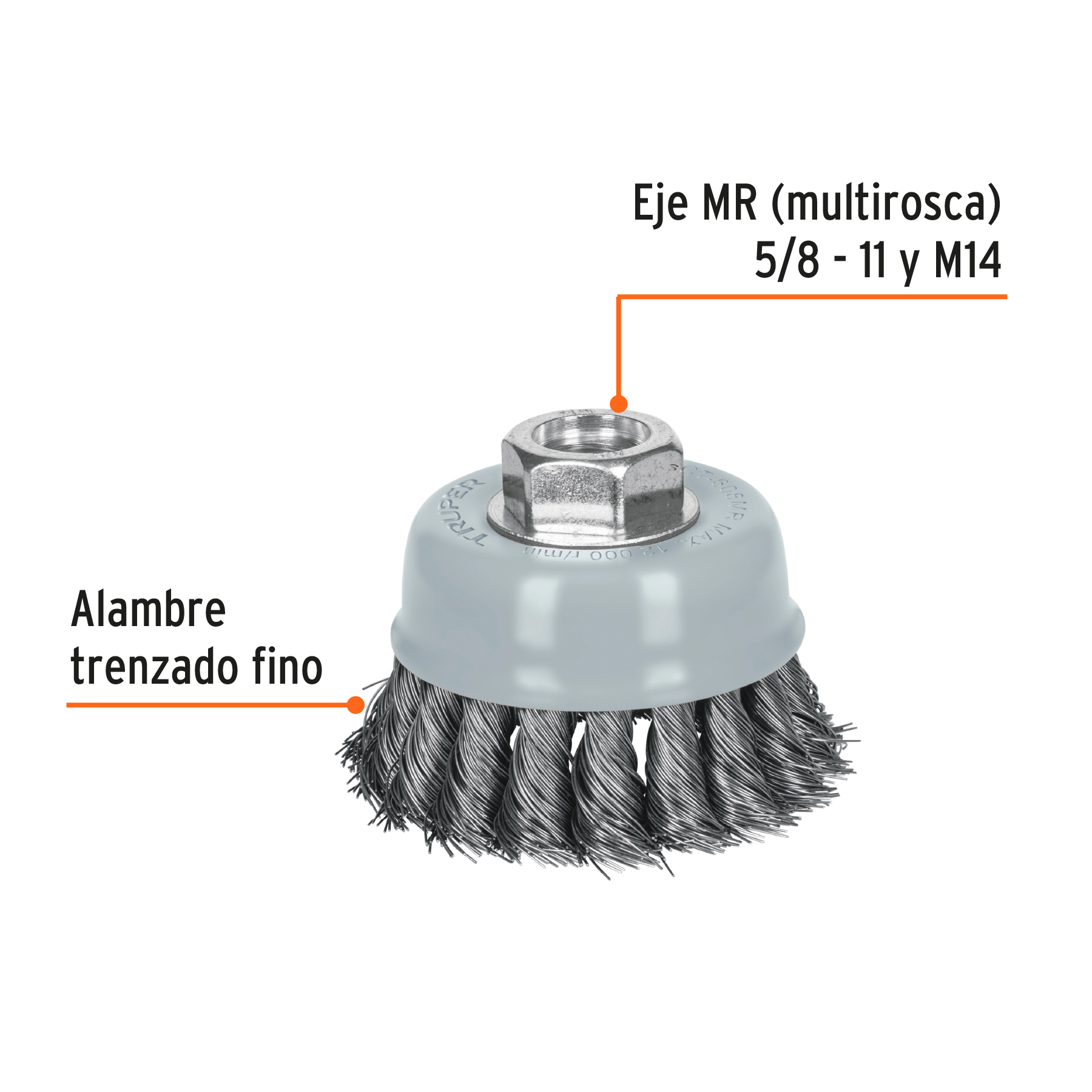 Carda de copa, alambre trenzado fino, 3', Multi rosca