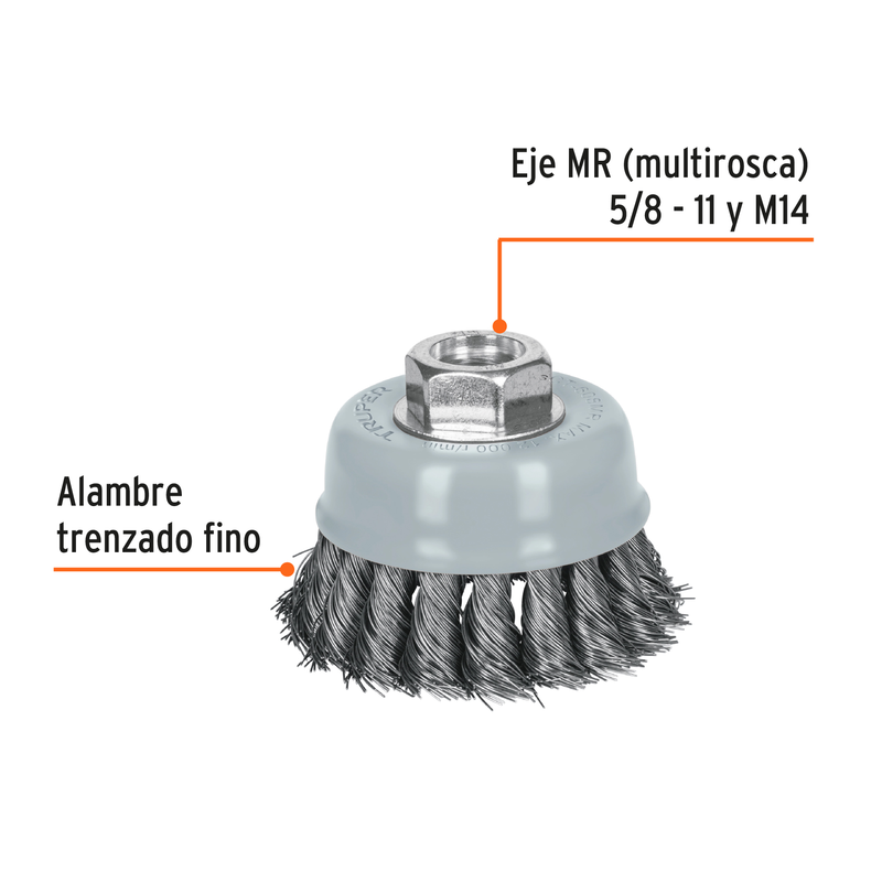 Carda de copa, alambre trenzado fino, 3', Multi rosca