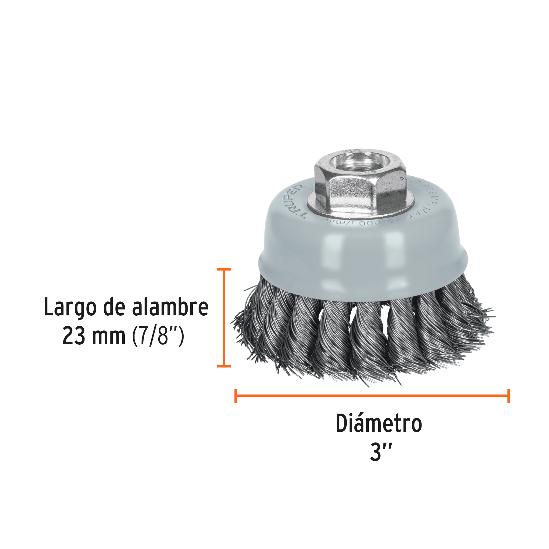 Carda de copa, alambre trenzado fino, 3', Multi rosca