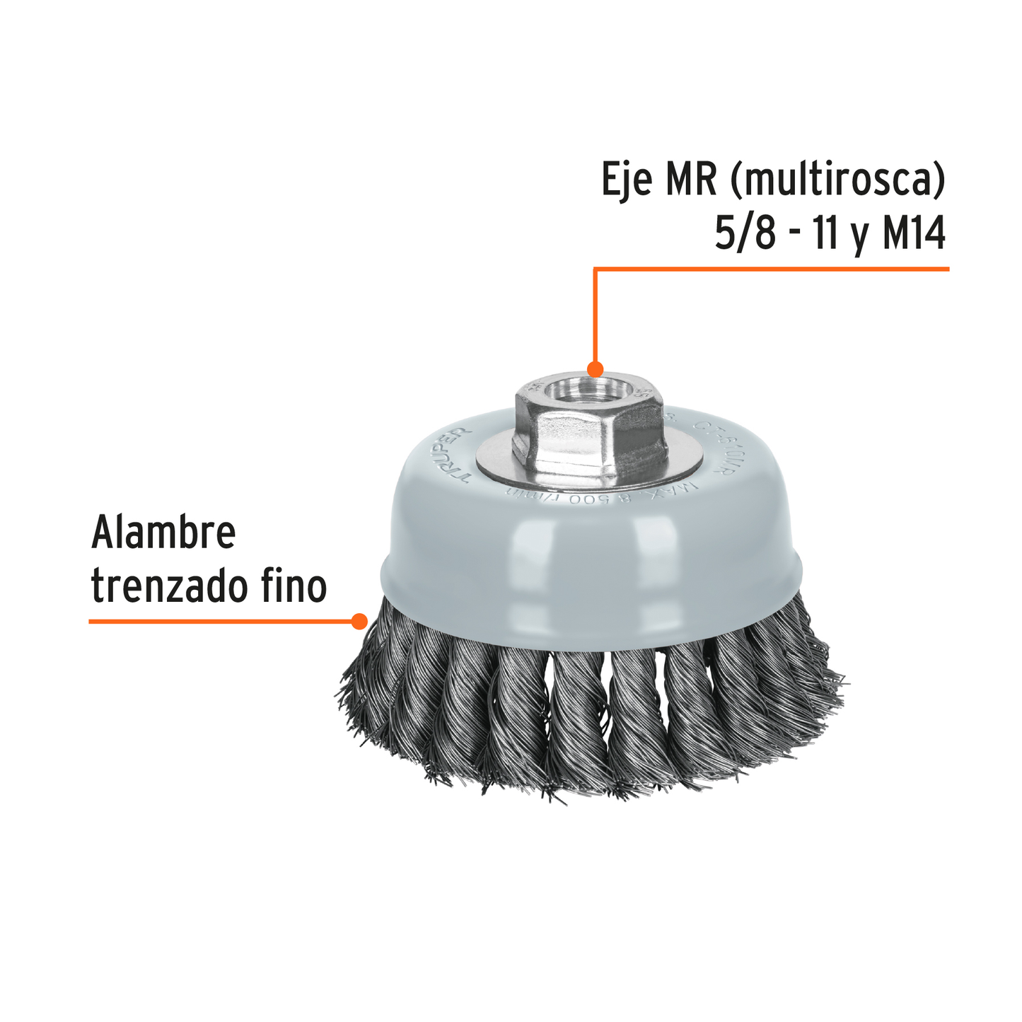Carda de copa, alambre trenzado fino, 4', Multi rosca