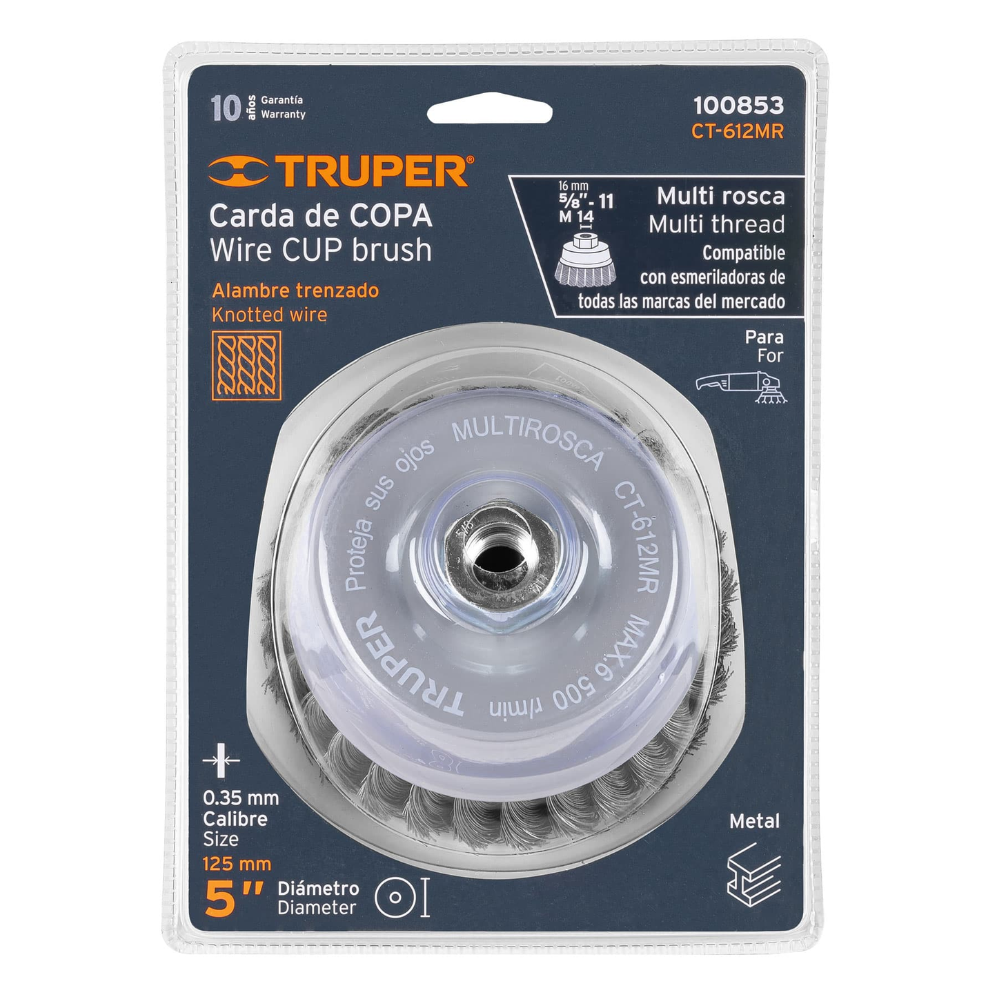 Carda de copa, alambre trenzado fino, 5', Multi rosca