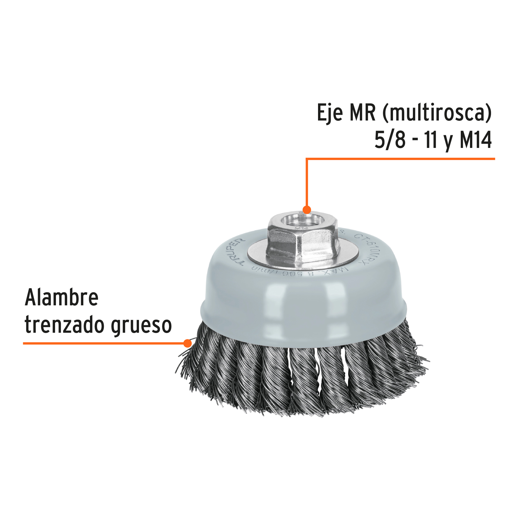 Carda de copa, alambre trenzado grueso , 4', Multi rosca