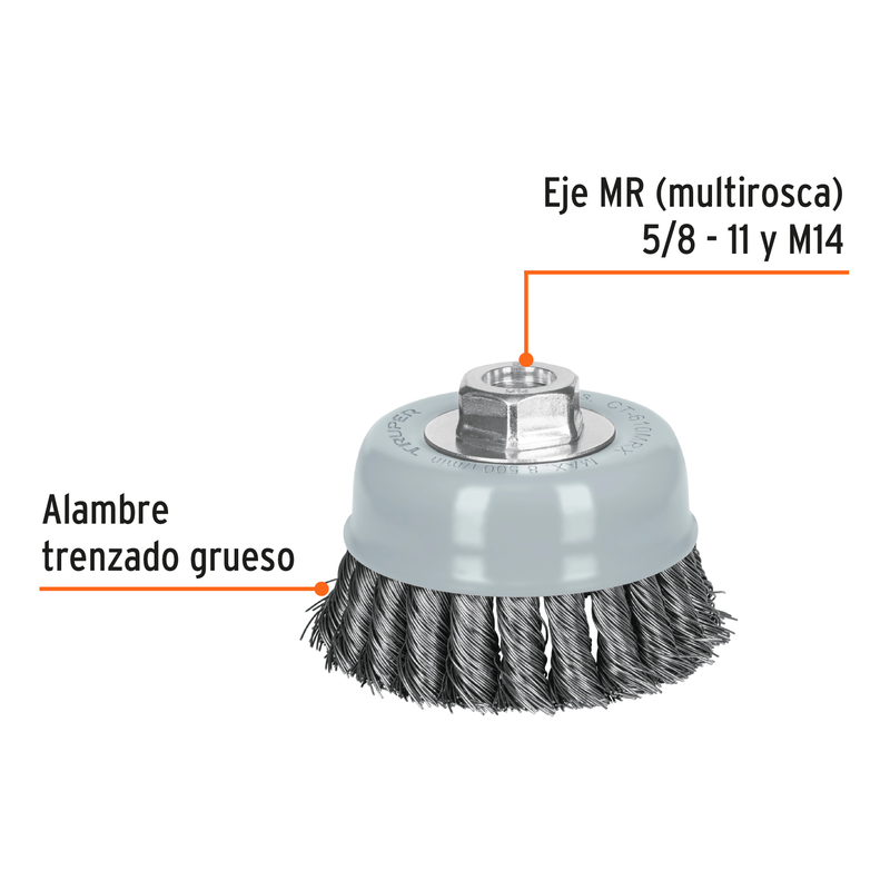 Carda de copa, alambre trenzado grueso , 4', Multi rosca