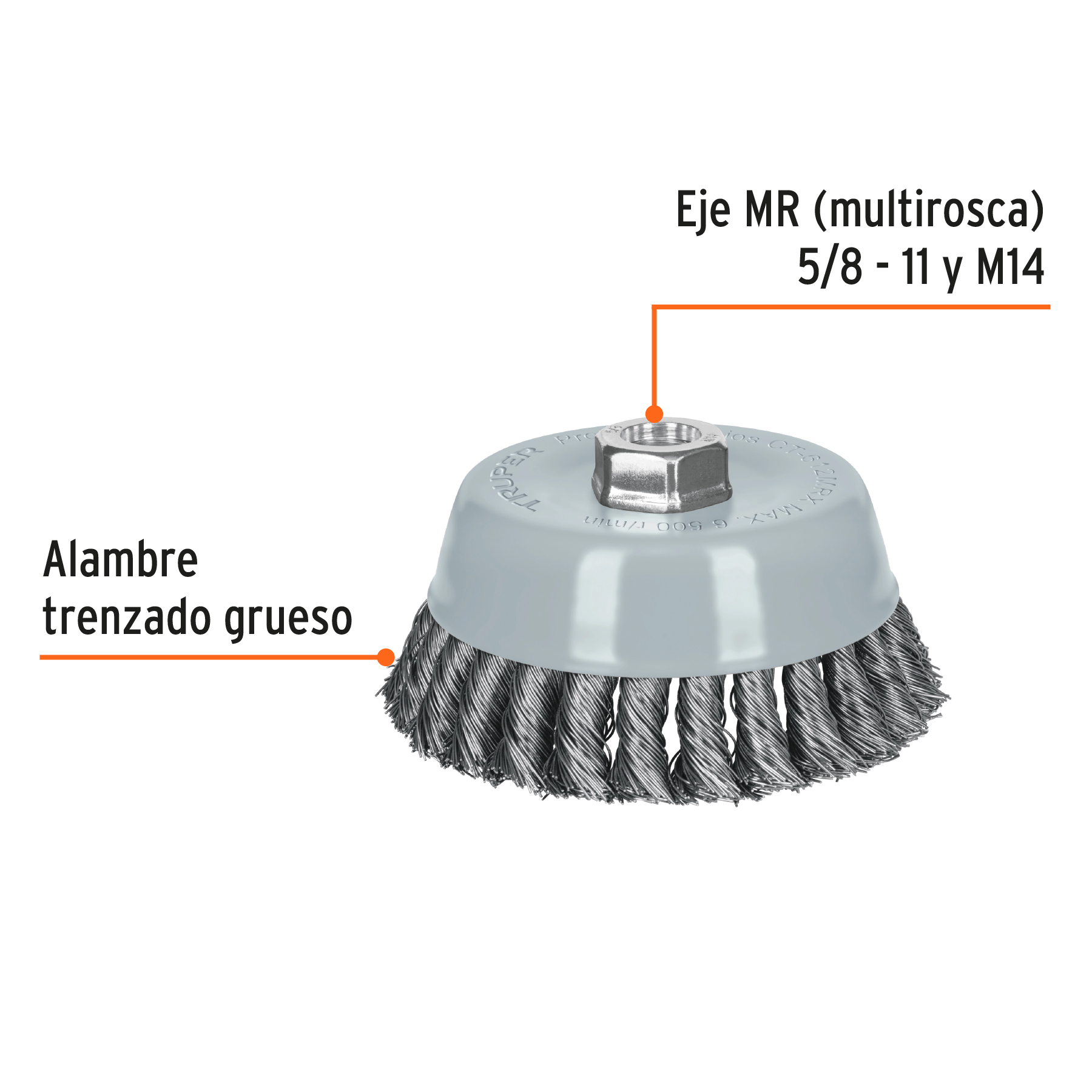 Carda de copa, alambre trenzado grueso , 5', Multi rosca