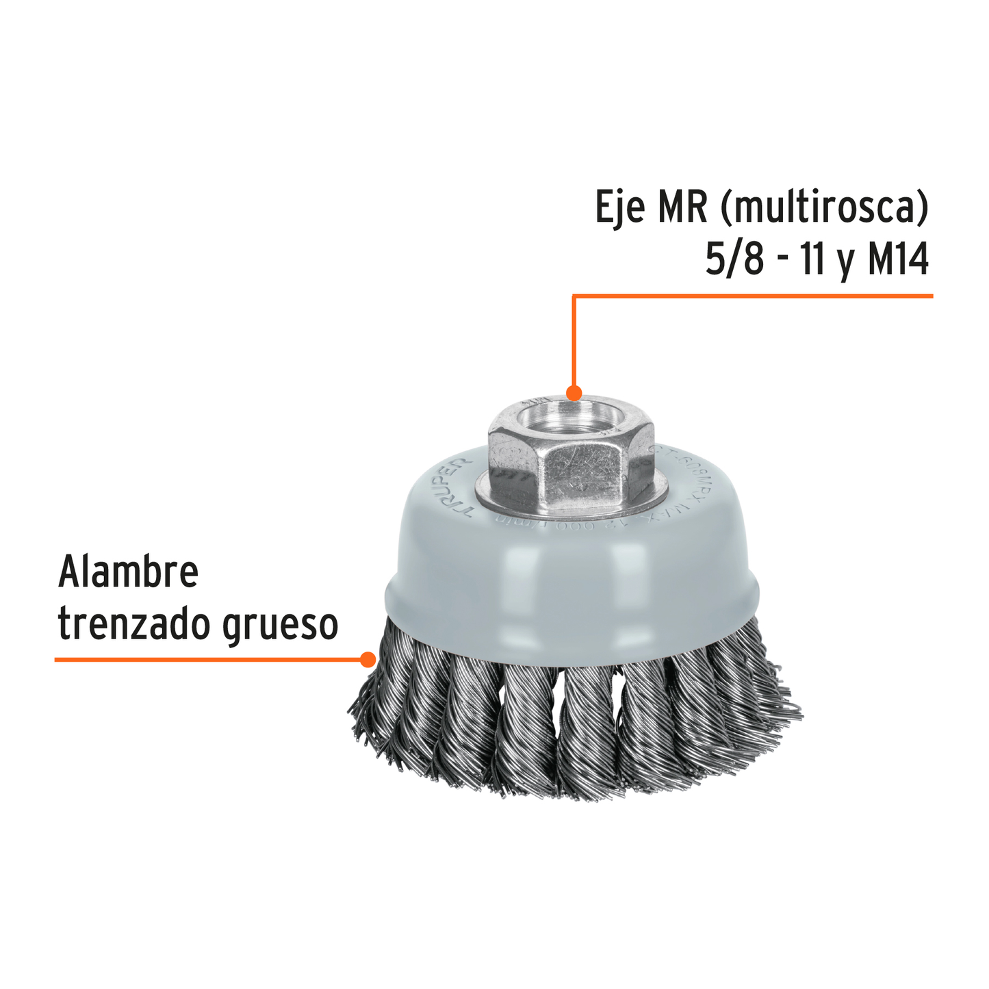 Carda de copa, alambre trenzado grueso, 3', Multi rosca
