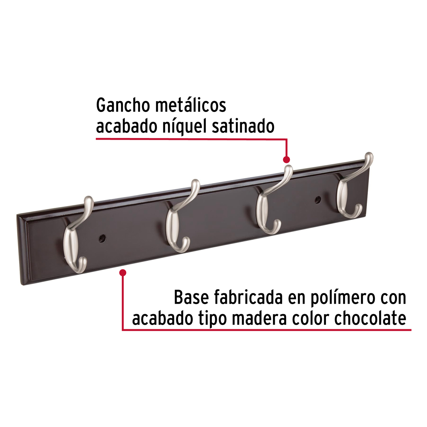 Perchero negro para pared con 4 ganchos satinados