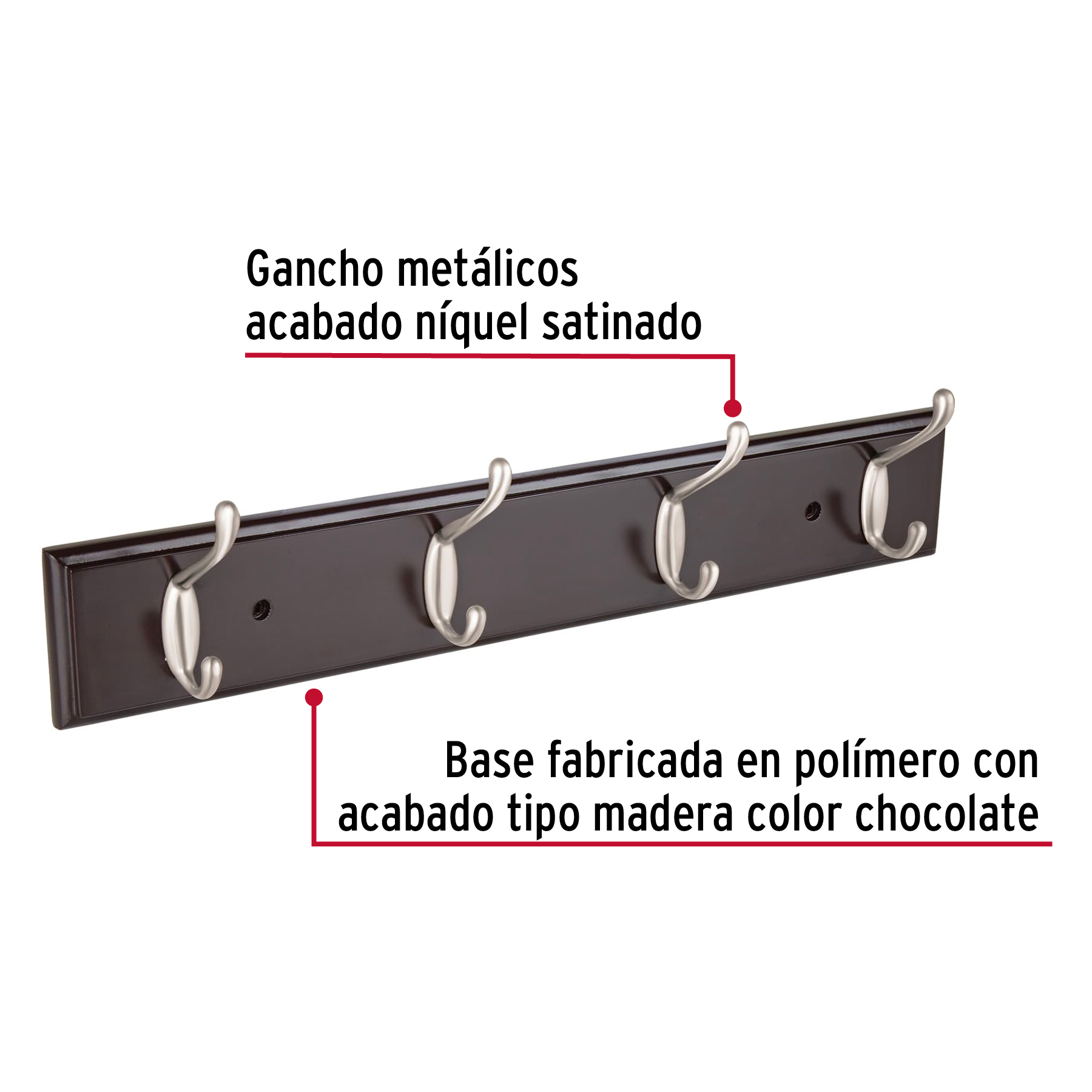 Perchero negro para pared con 4 ganchos satinados