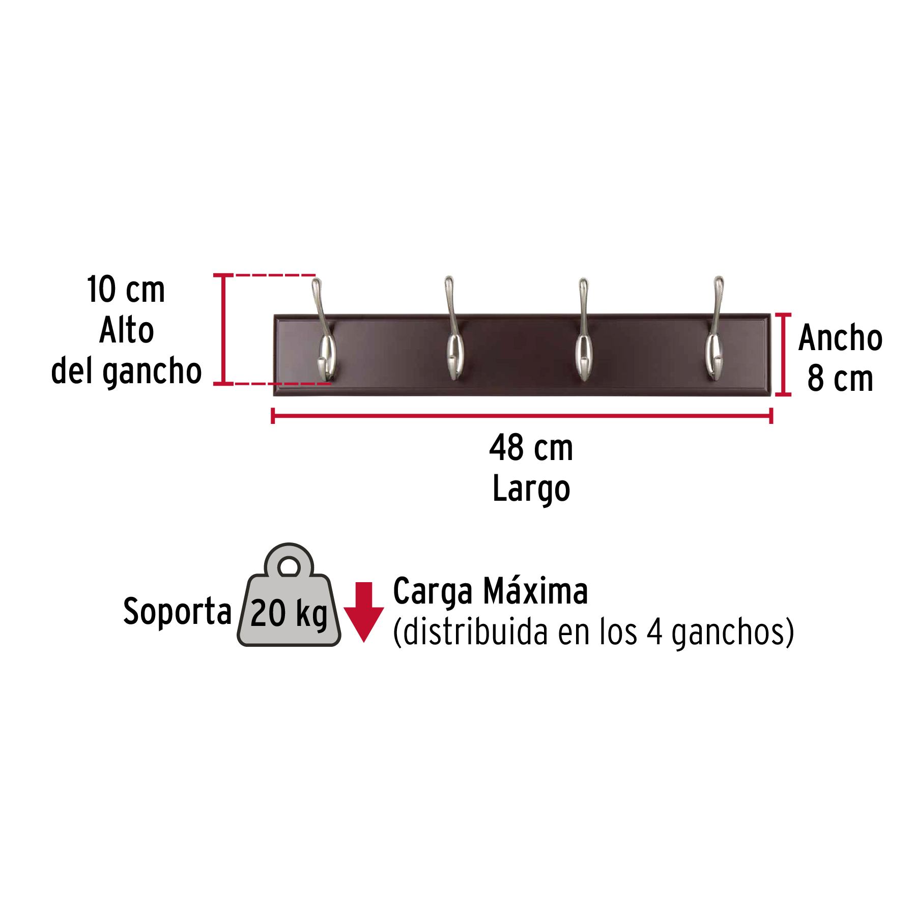 Perchero negro para pared con 4 ganchos satinados