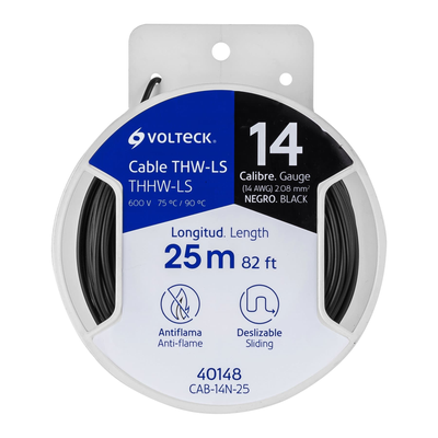 Carrete con 25 m de cable THHW-LS 14 AWG negro, Volteck