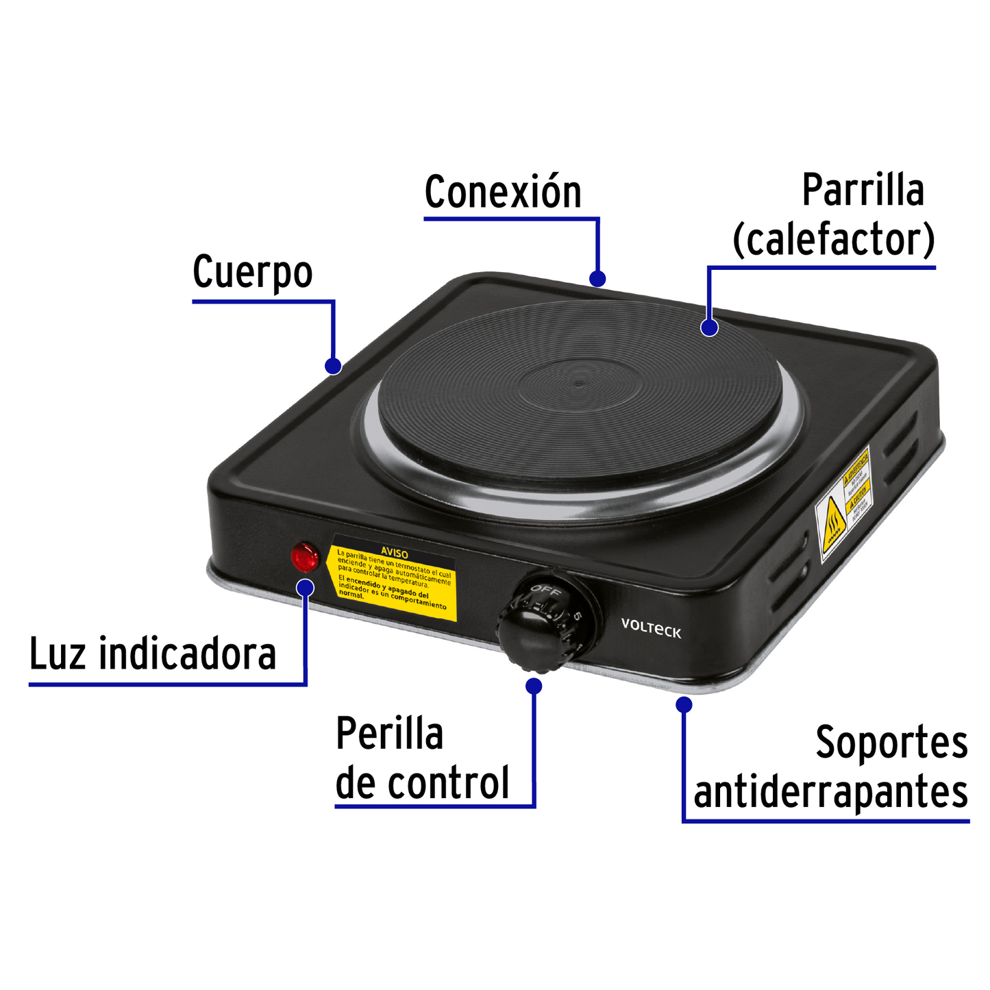 Parrilla eléctrica quemador tipo disco, negra, Volteck