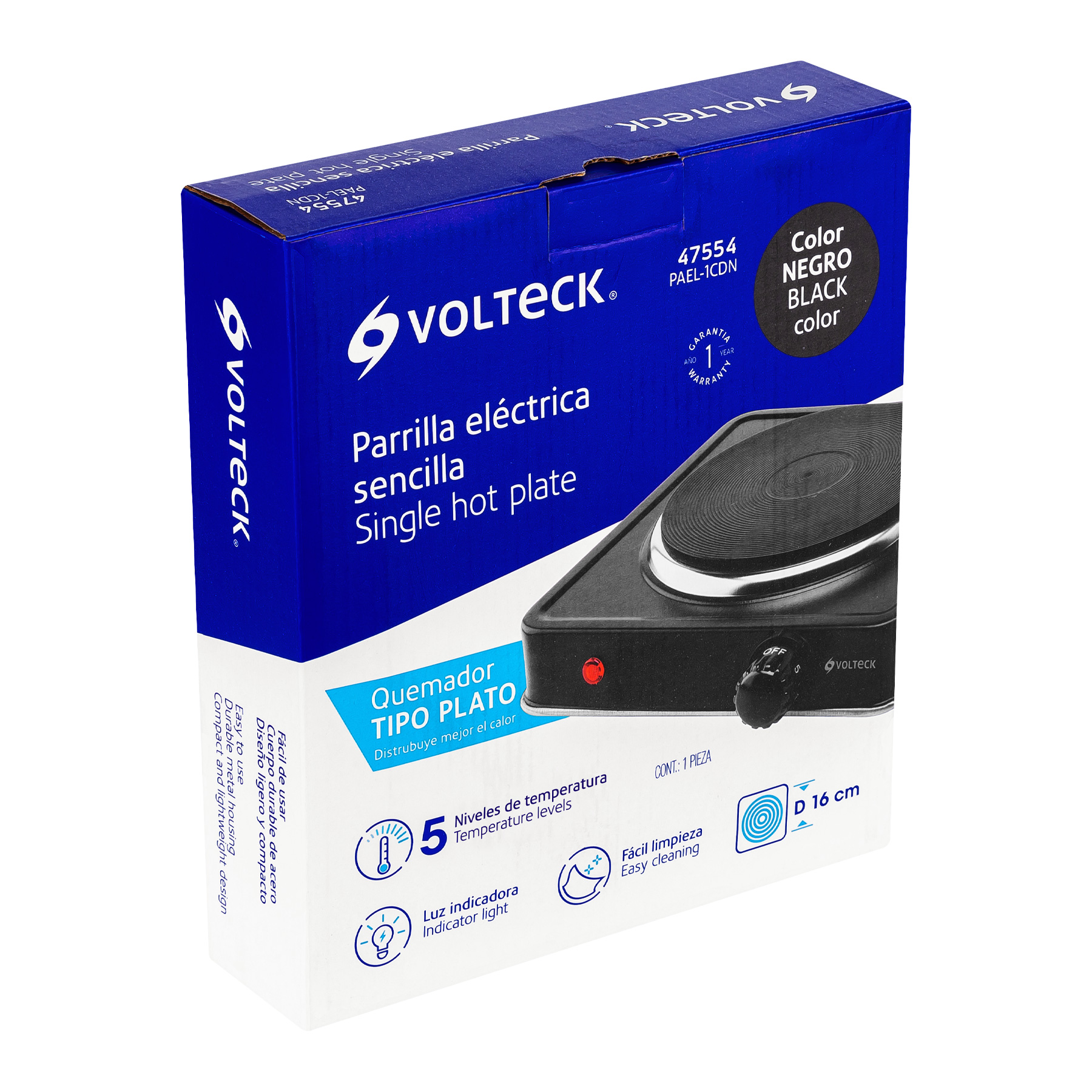 Parrilla eléctrica quemador tipo disco, negra, Volteck