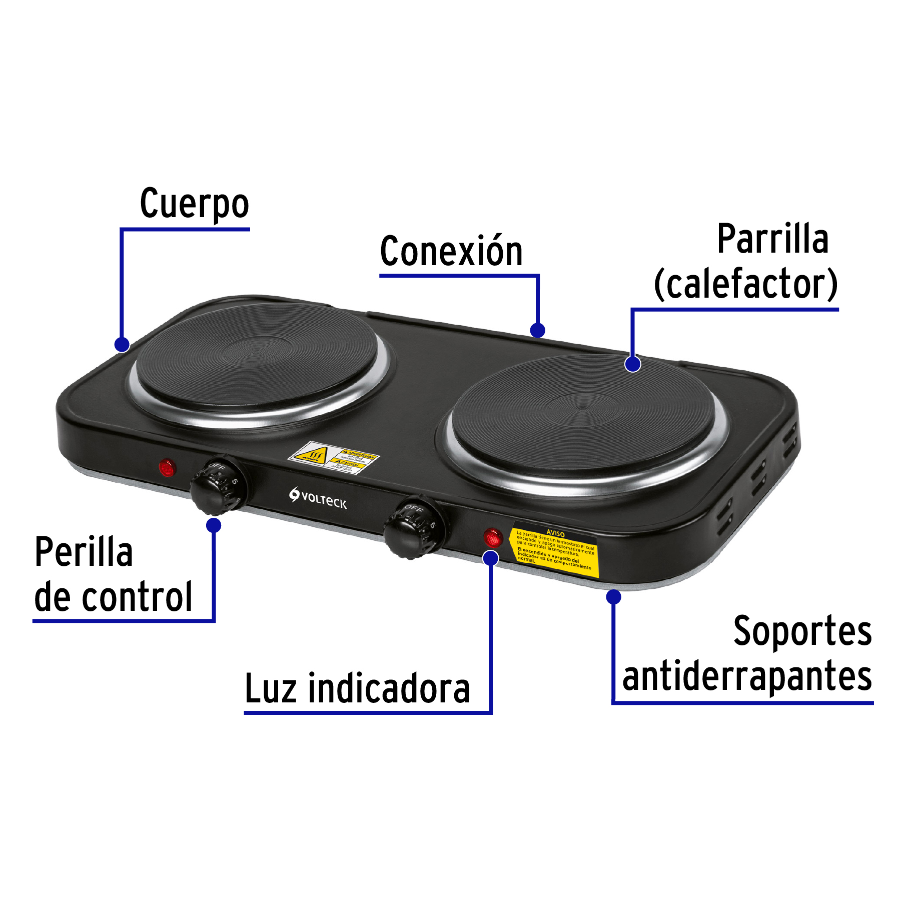 Parrilla eléctrica doble quemador tipo disco, negra, Volteck