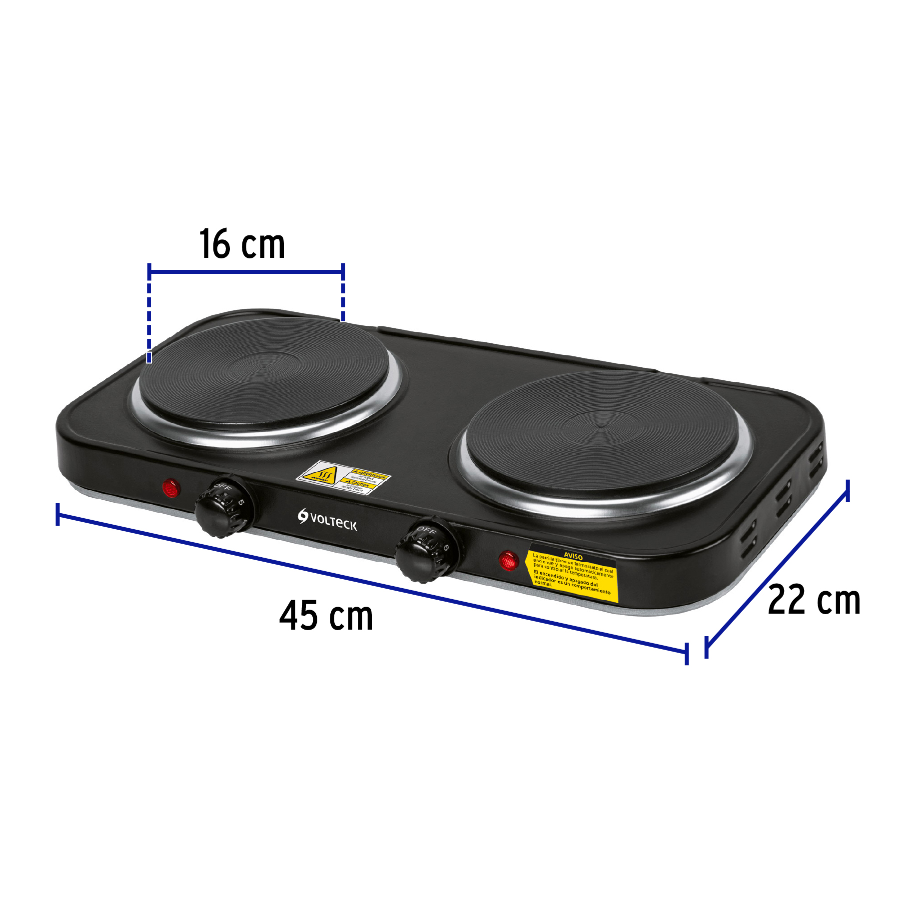 Parrilla eléctrica doble quemador tipo disco, negra, Volteck