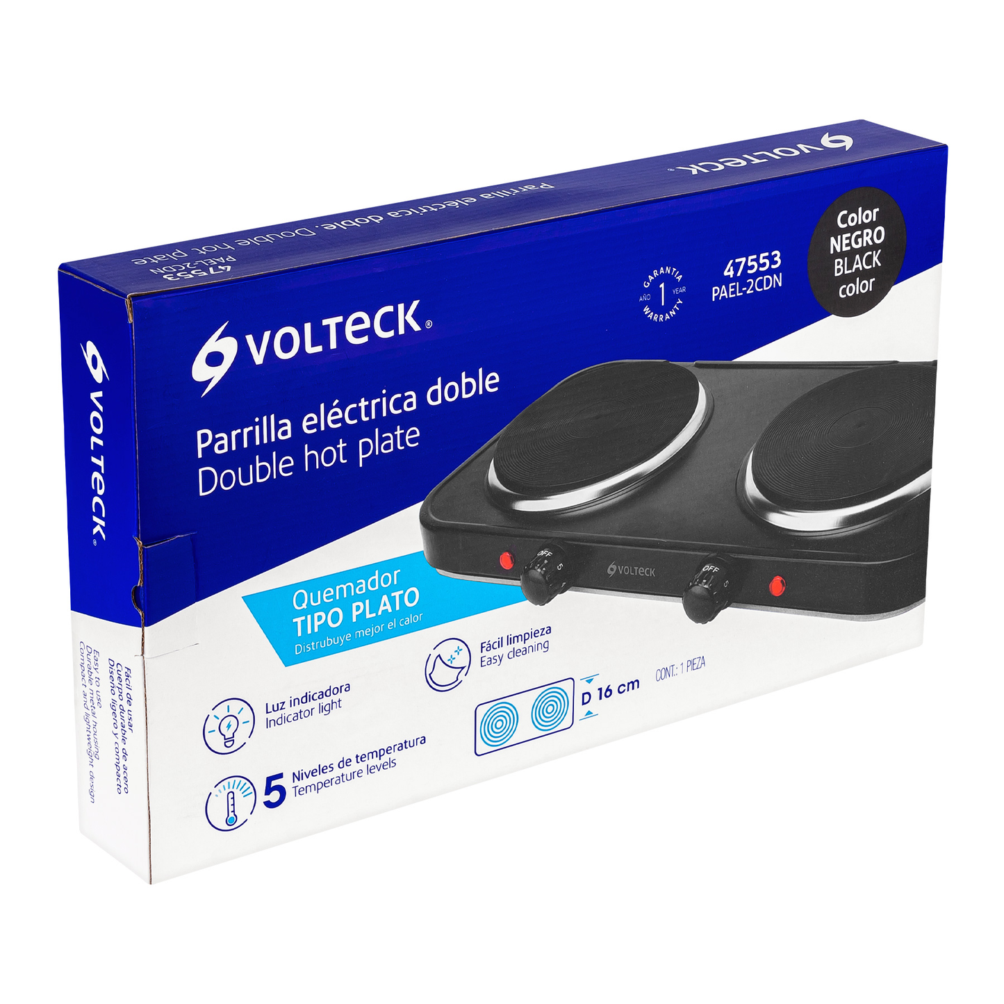 Parrilla eléctrica doble quemador tipo disco, negra, Volteck