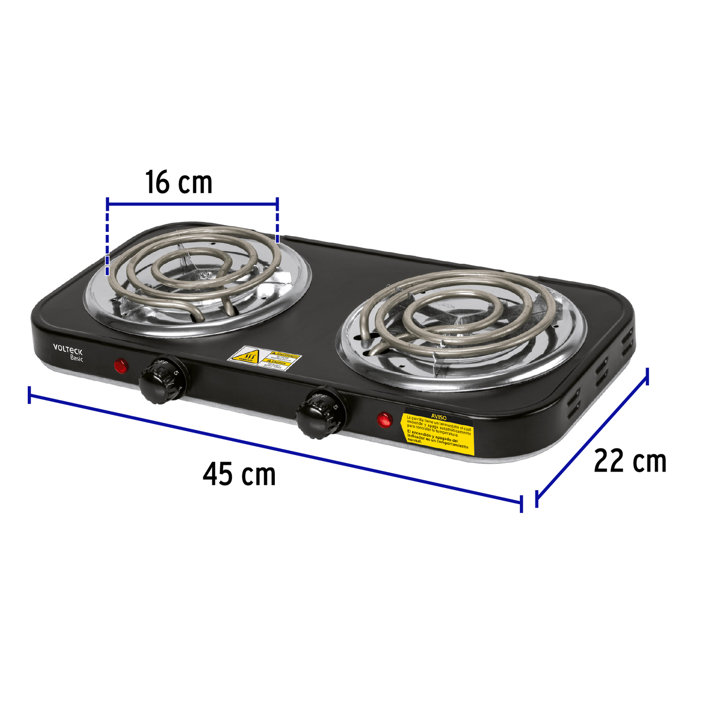 Parrilla eléctrica 2 quemadores en espiral, negra, Basic