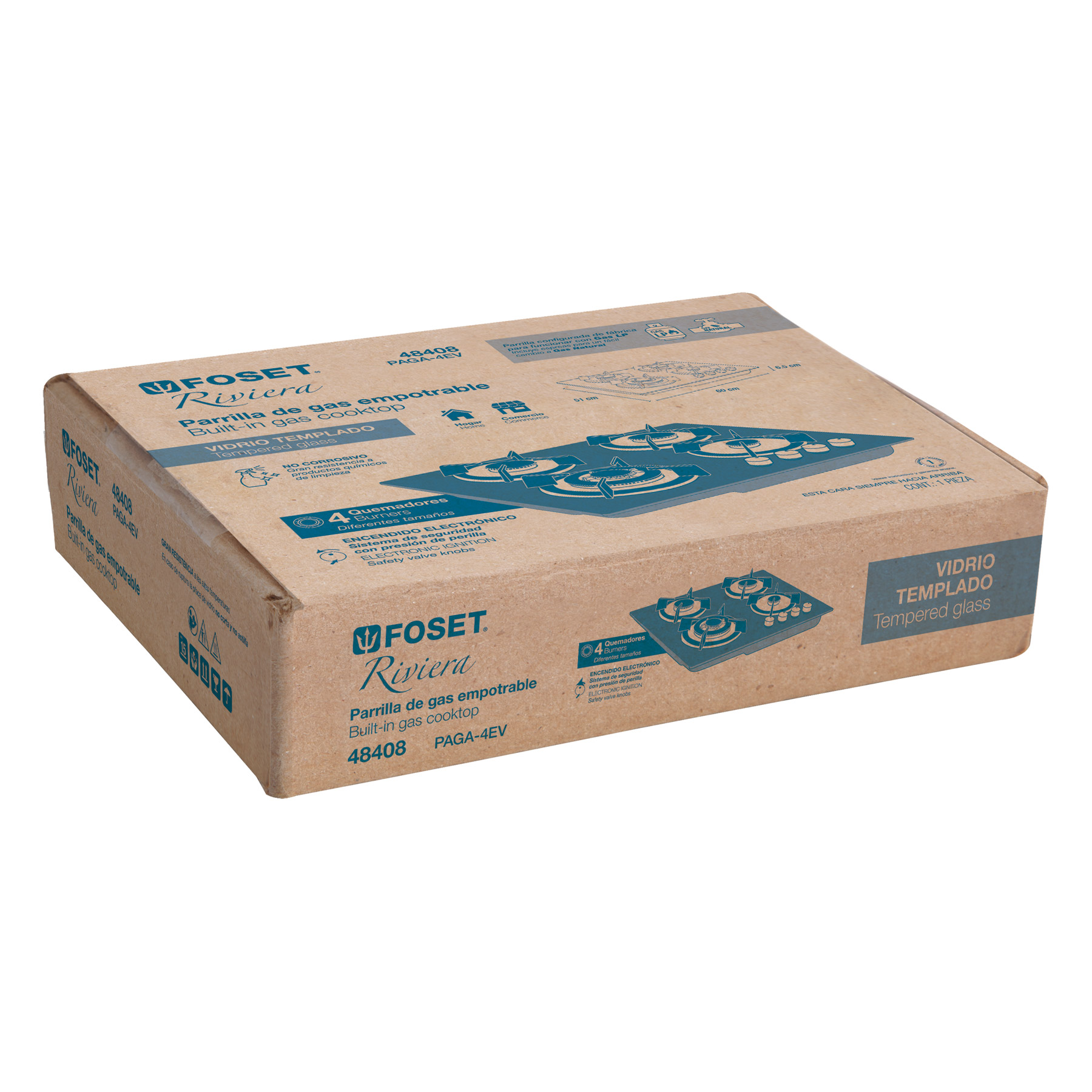 Parrilla de gas empotrable 4 quemadores, vidrio, Foset