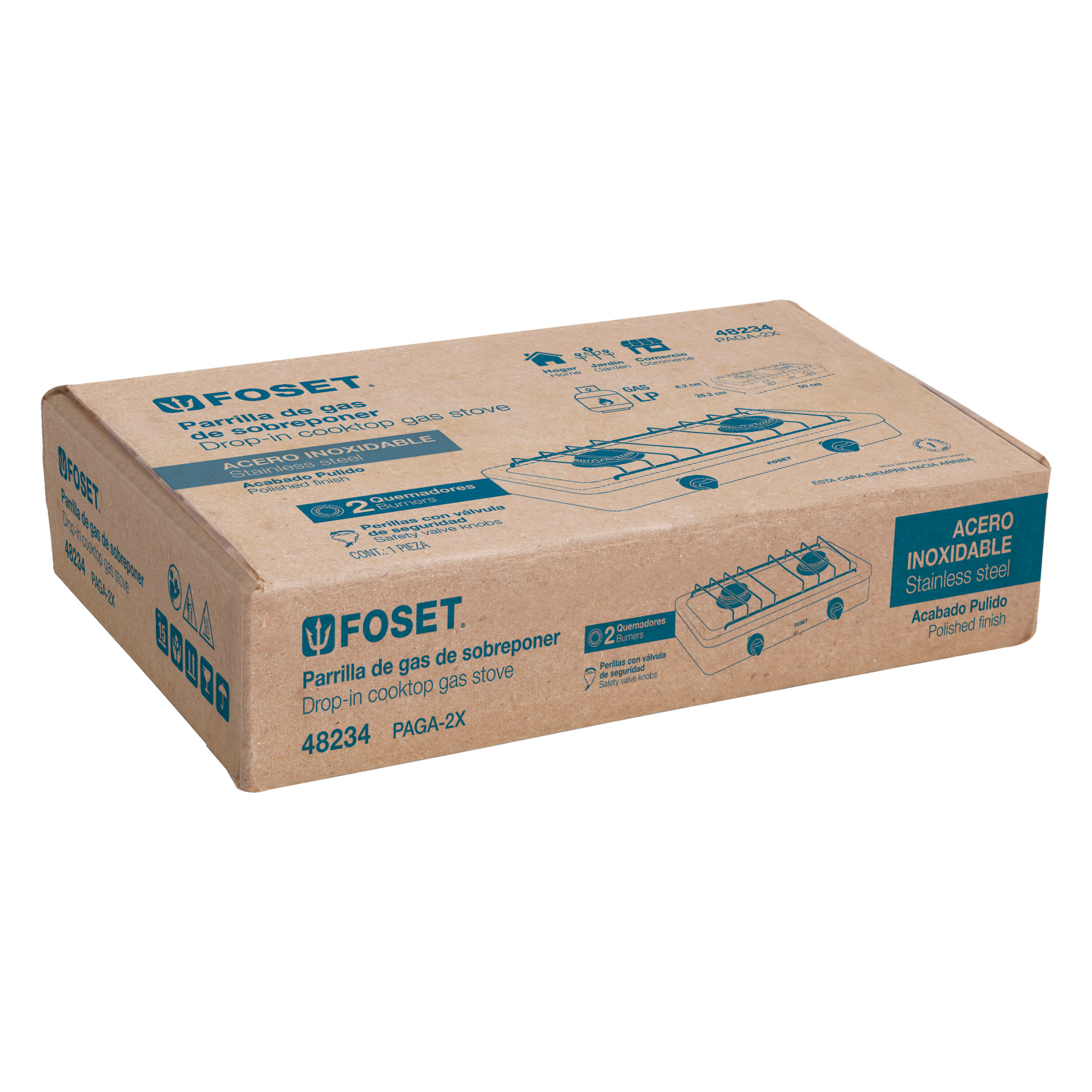 Parrilla de gas de sobreponer 2 quemadores, inox, Foset
