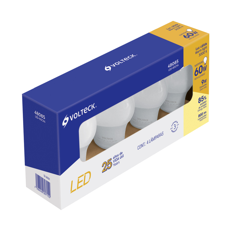 Pack de 4 lámparas de LED, A19, 9 W, luz cálida, Volteck