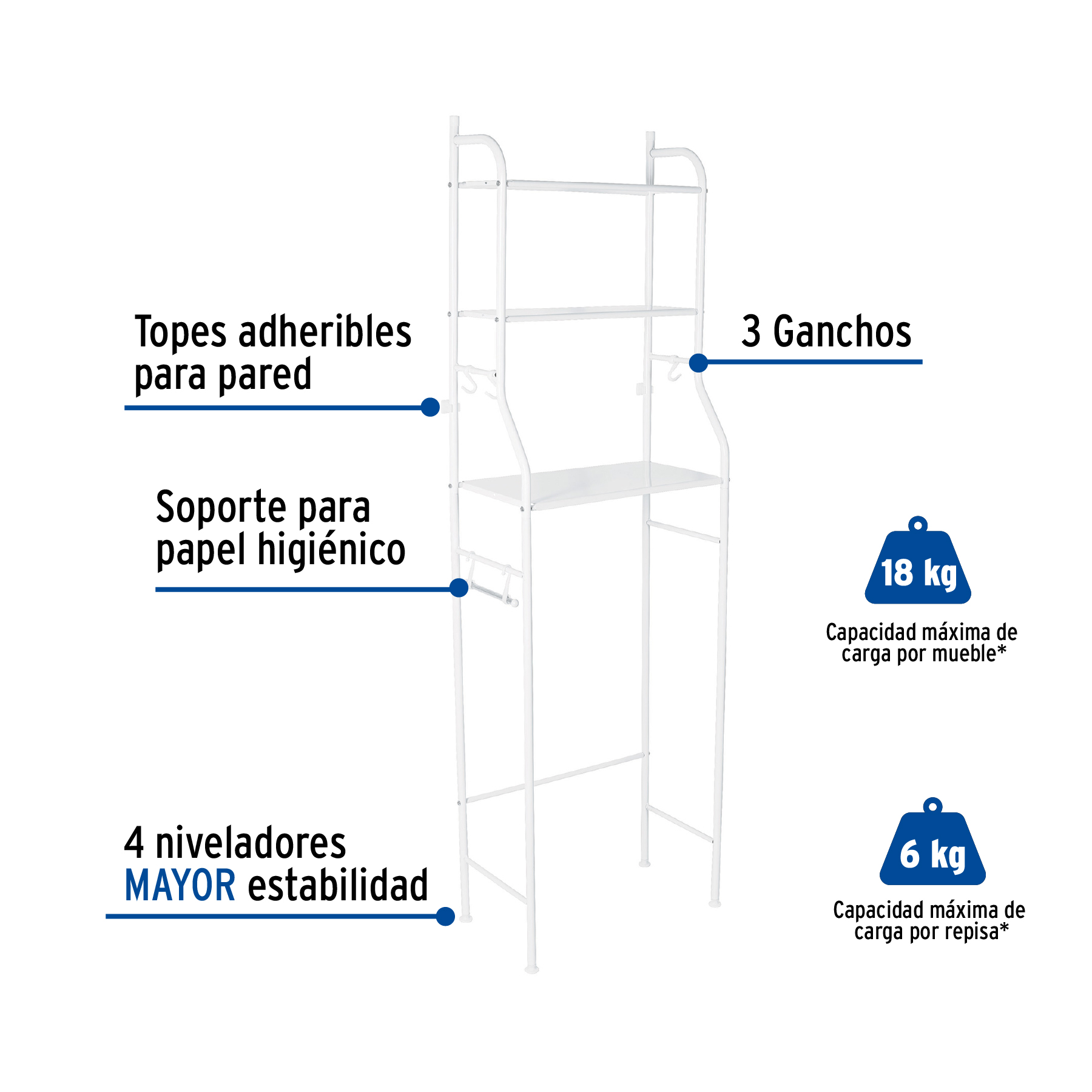 Mueble organizador blanco para baño con 3 repisas, Basic