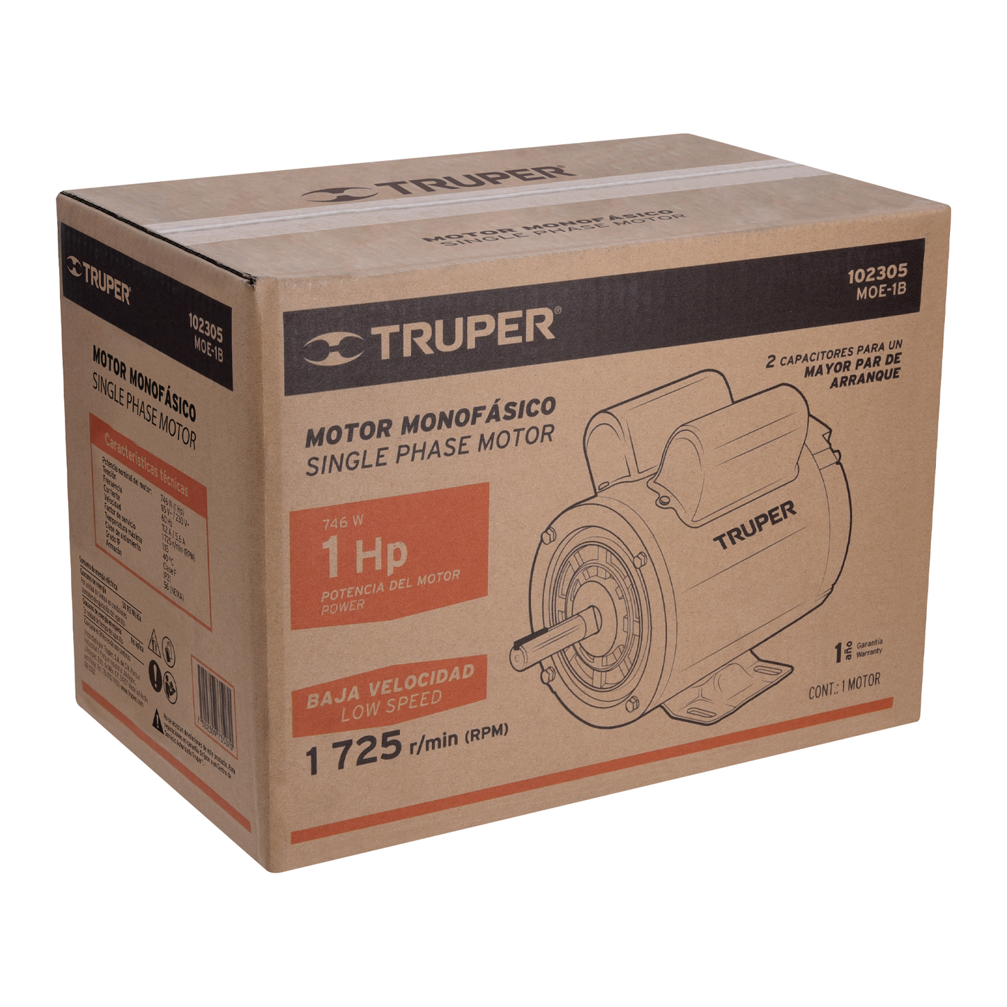 Motor monofásico de 1 HP, baja, Truper