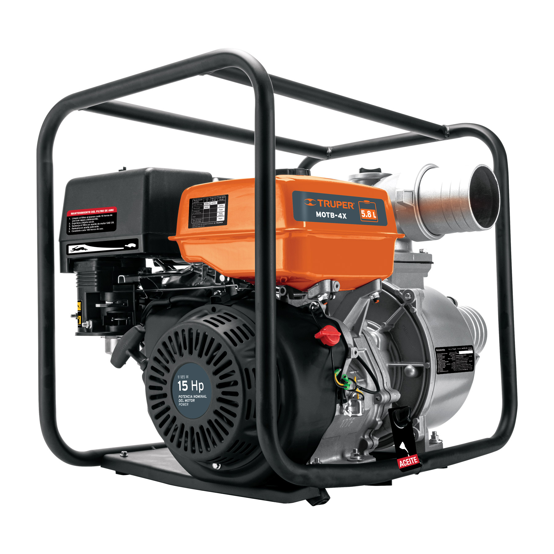 Motobomba autocebante 15 HP a gasolina 4' x 4', 4 tiempos