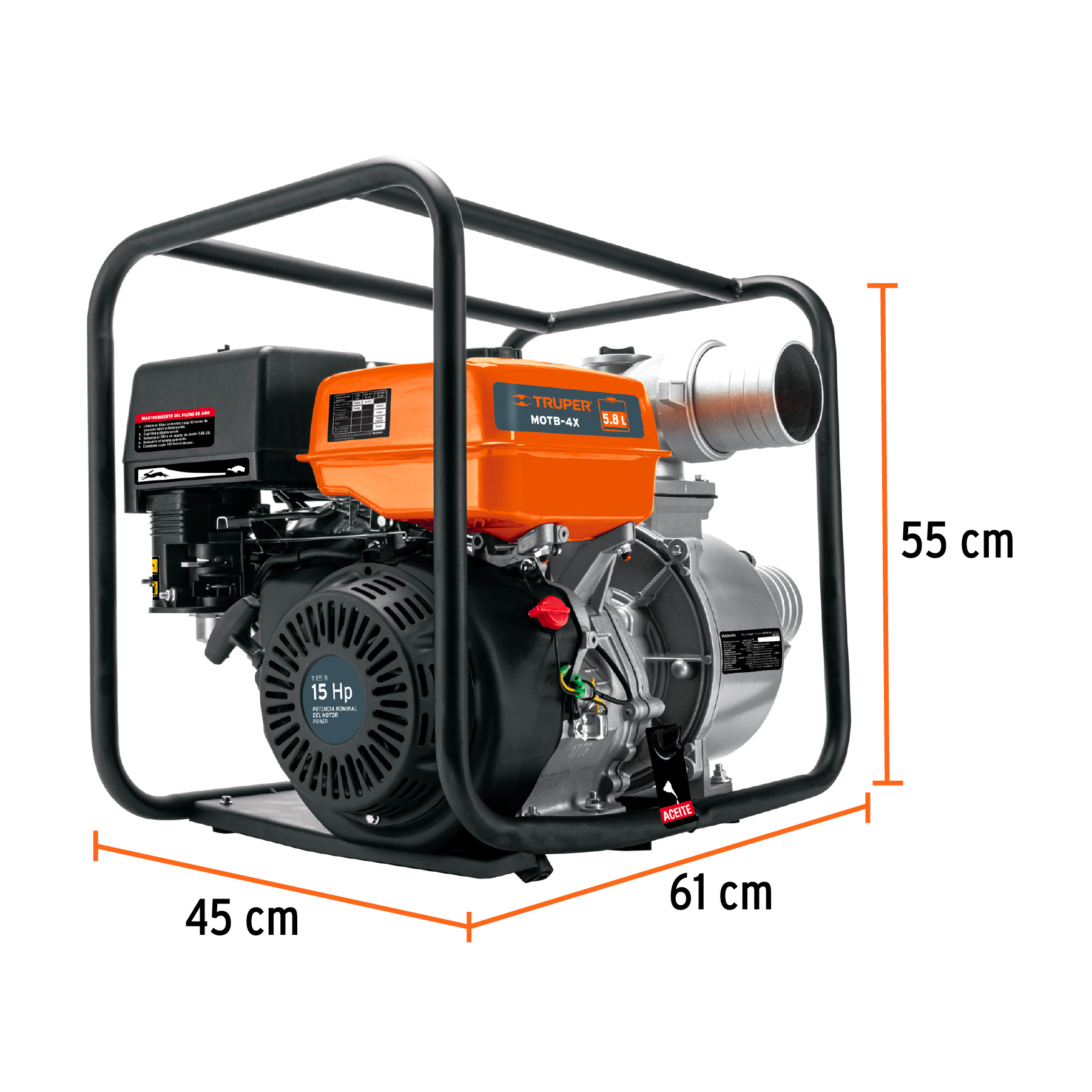 Motobomba autocebante 15 HP a gasolina 4' x 4', 4 tiempos