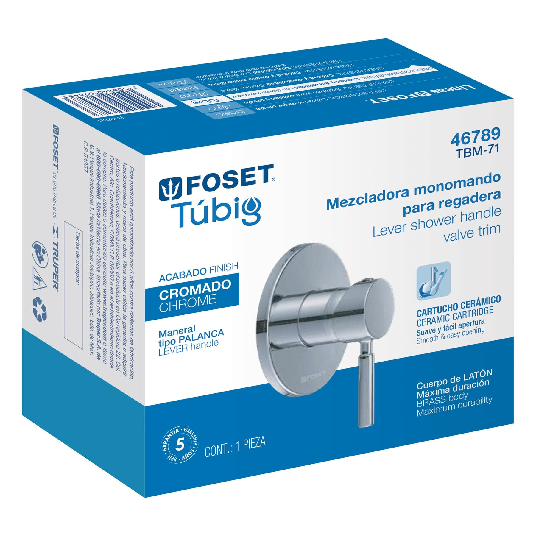 Monomando para regadera, cromo, Foset