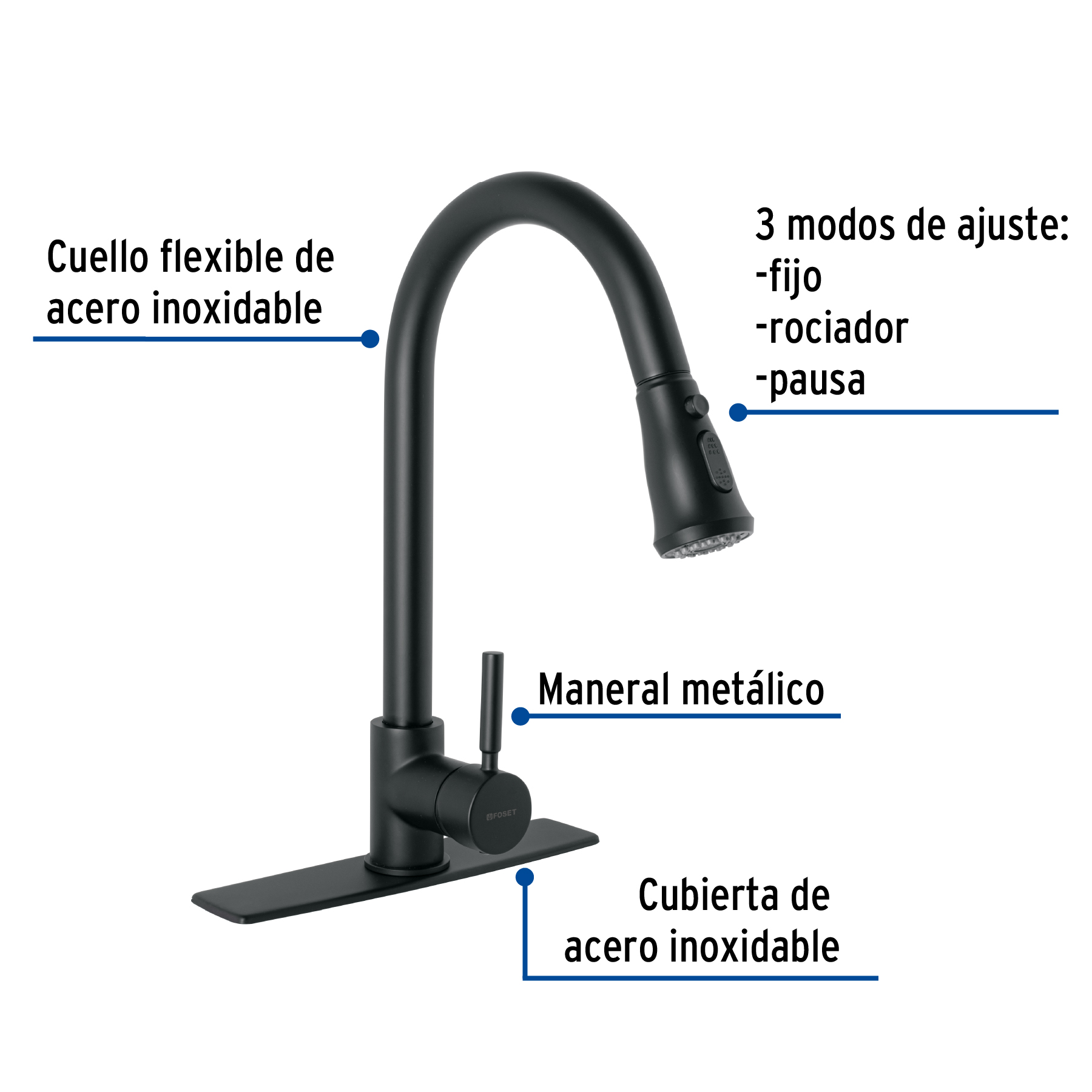 Monomando para fregadero,cuello extraible,negro mate,Tubig
