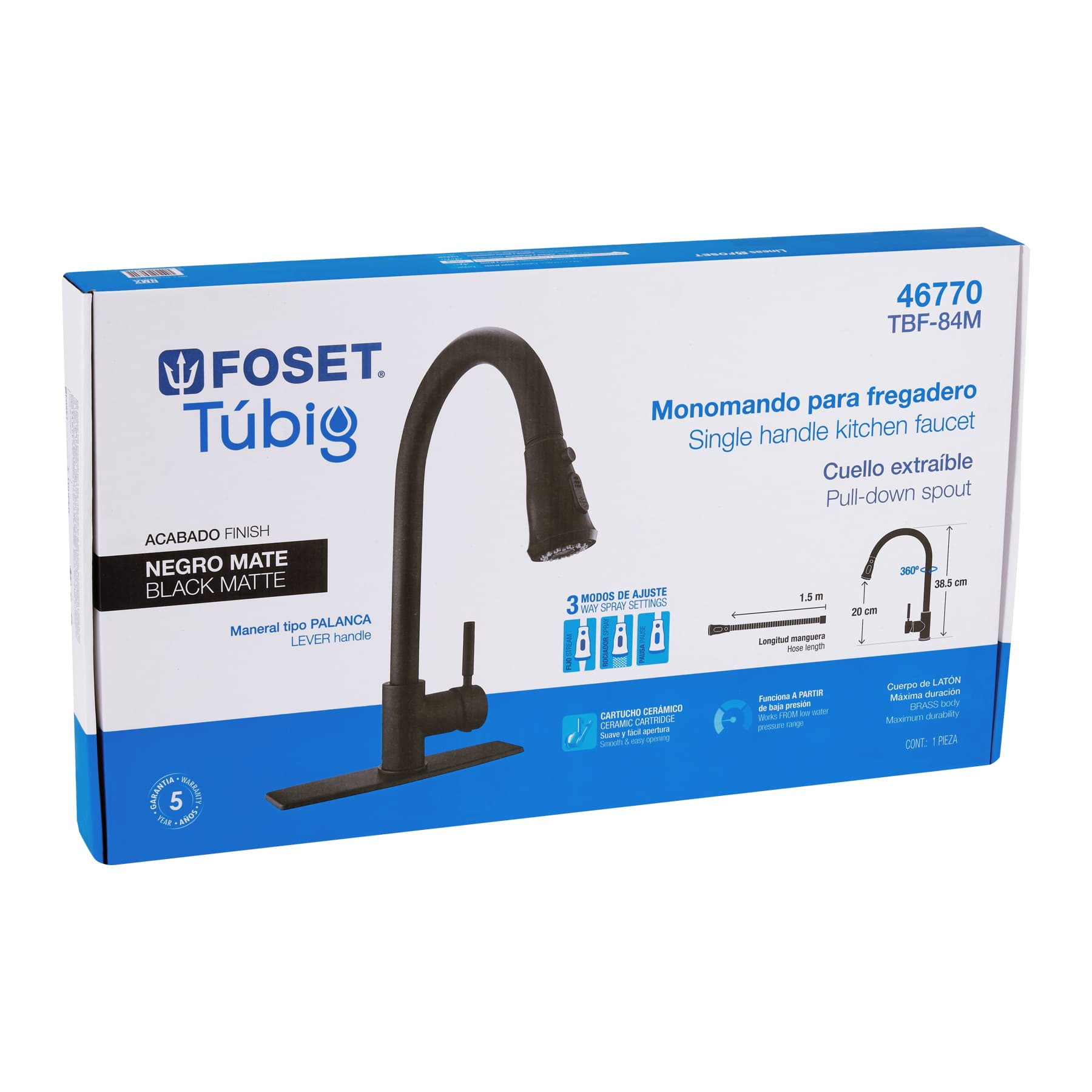 Monomando para fregadero,cuello extraible,negro mate,Tubig