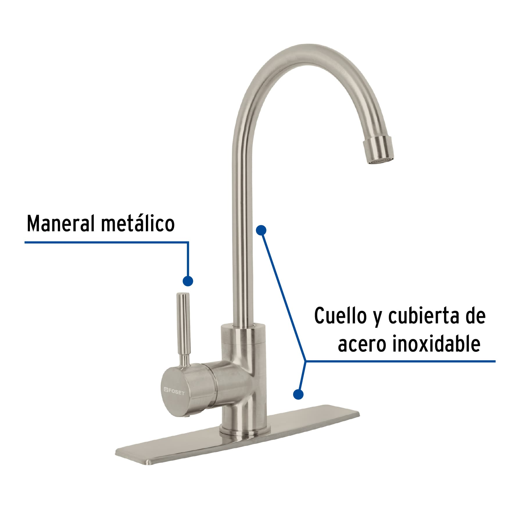 Monomando para fregadero, cuello alto, satín, Foset