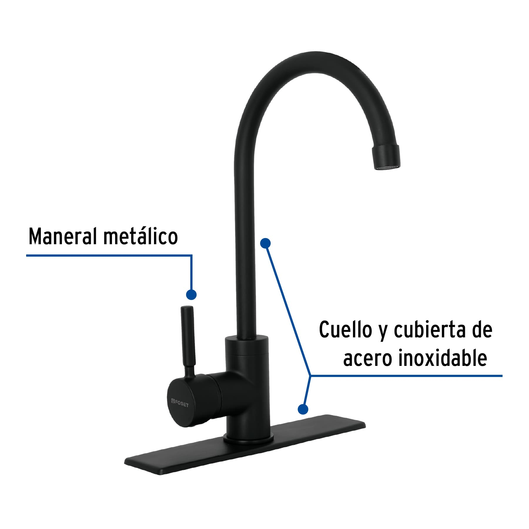 Monomando para fregadero, cuello alto, negro mate, Tubig