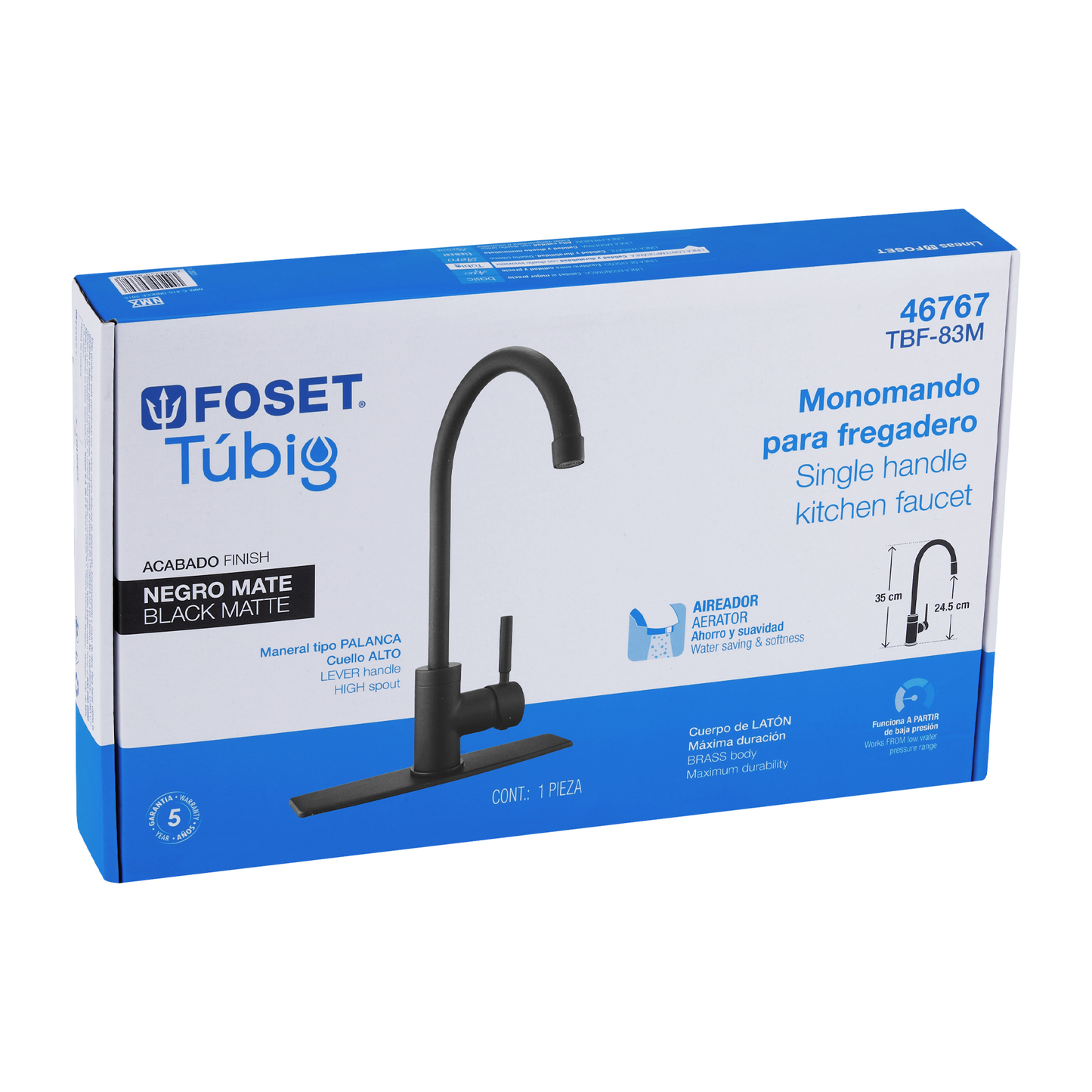 Monomando para fregadero, cuello alto, negro mate, Tubig