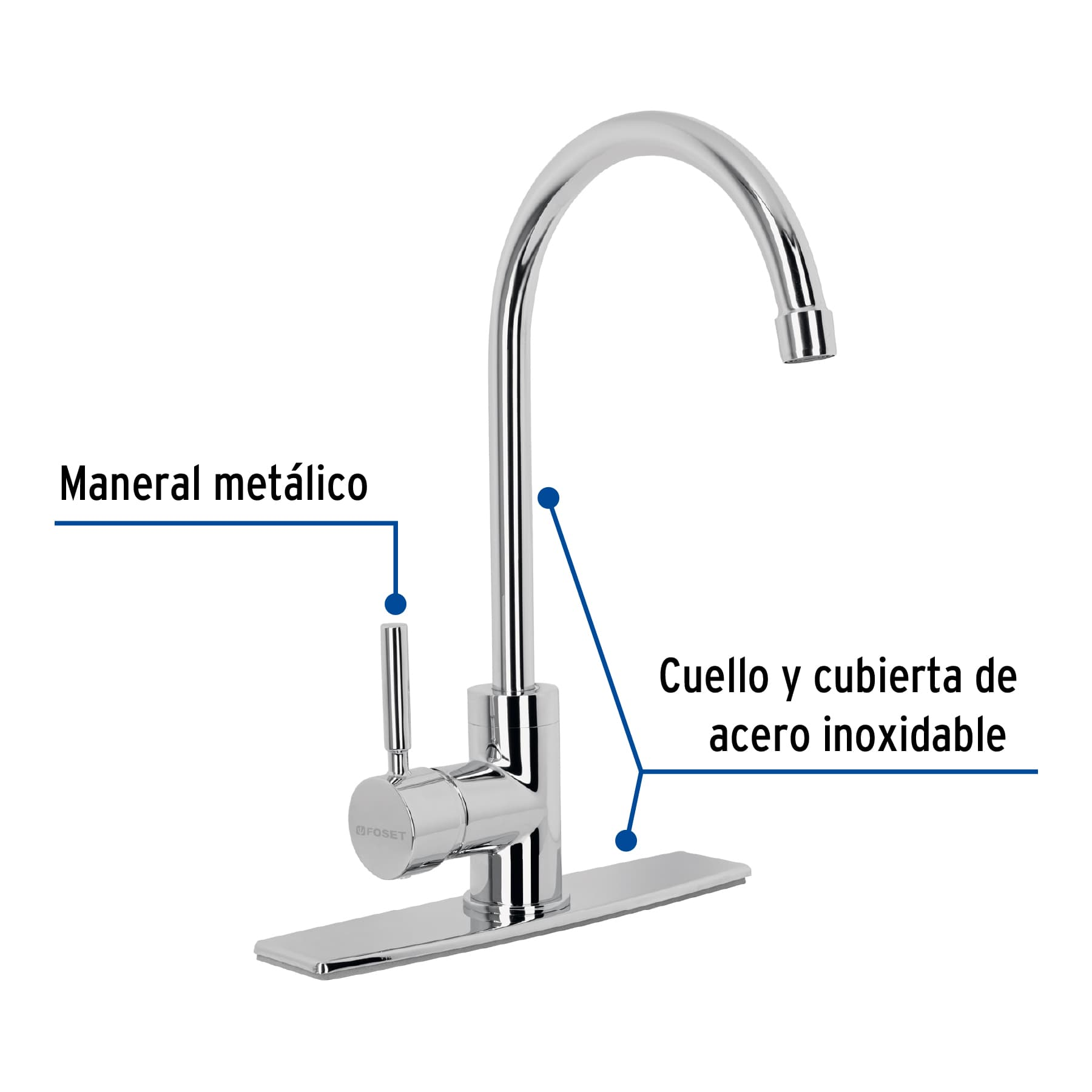 Monomando para fregadero, cuello alto, cromo, Foset
