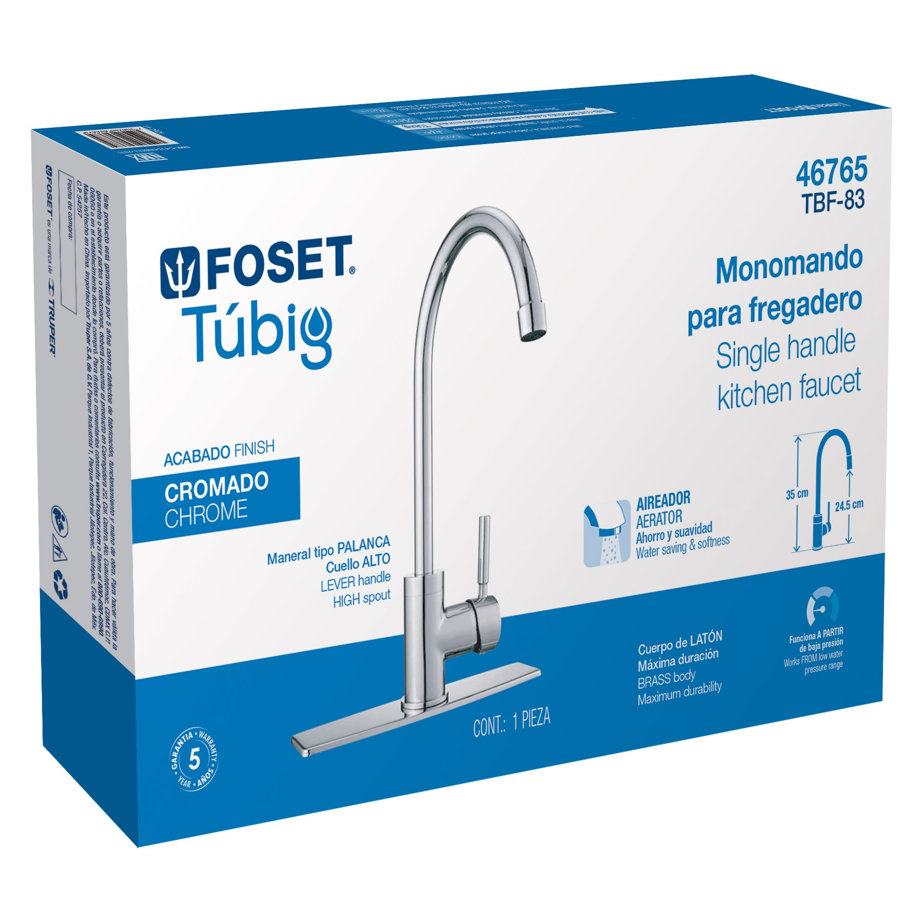 Monomando para fregadero, cuello alto, cromo, Foset