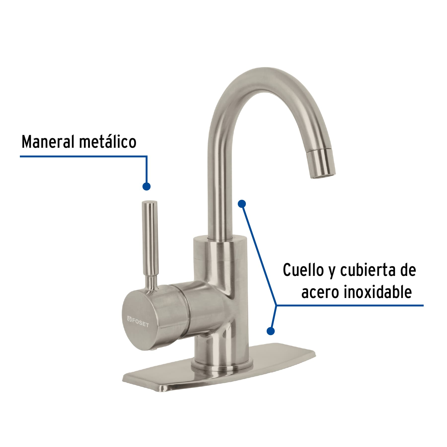 Monomando corto para lavabo, satín, Foset