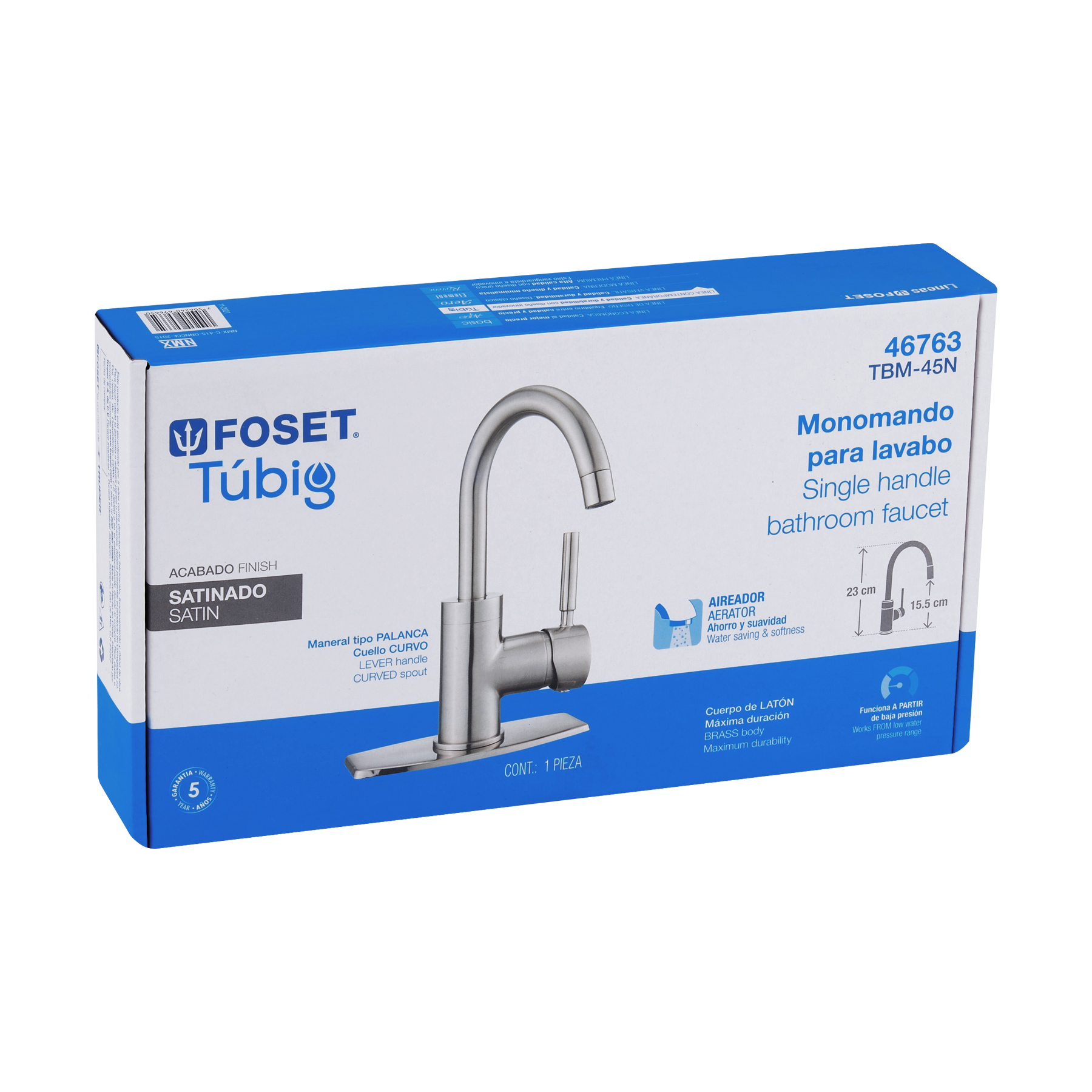 Monomando corto para lavabo, satín, Foset