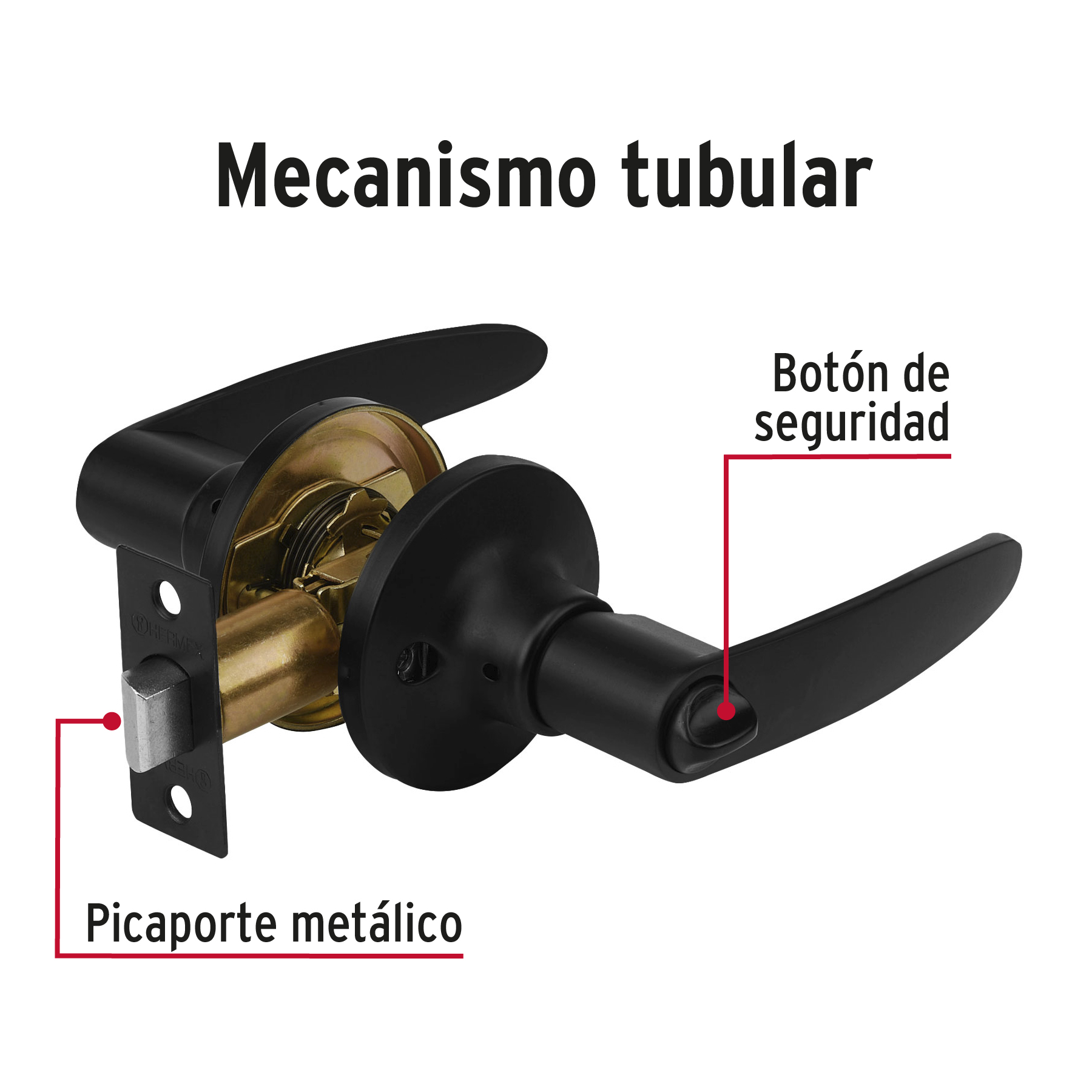 Cerradura manija, cilindro latón, negro, baño, Hermex