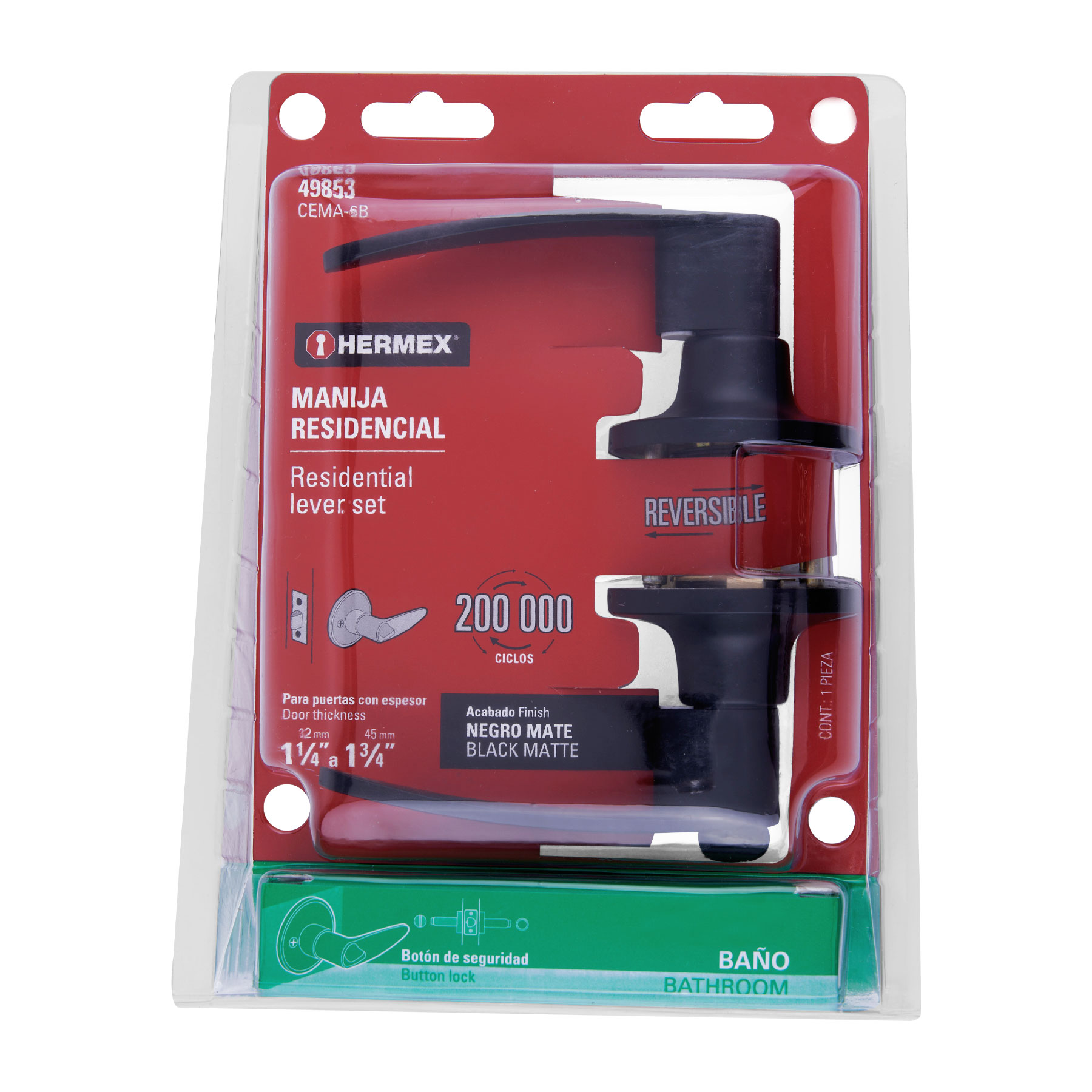 Cerradura manija, cilindro latón, negro, baño, Hermex