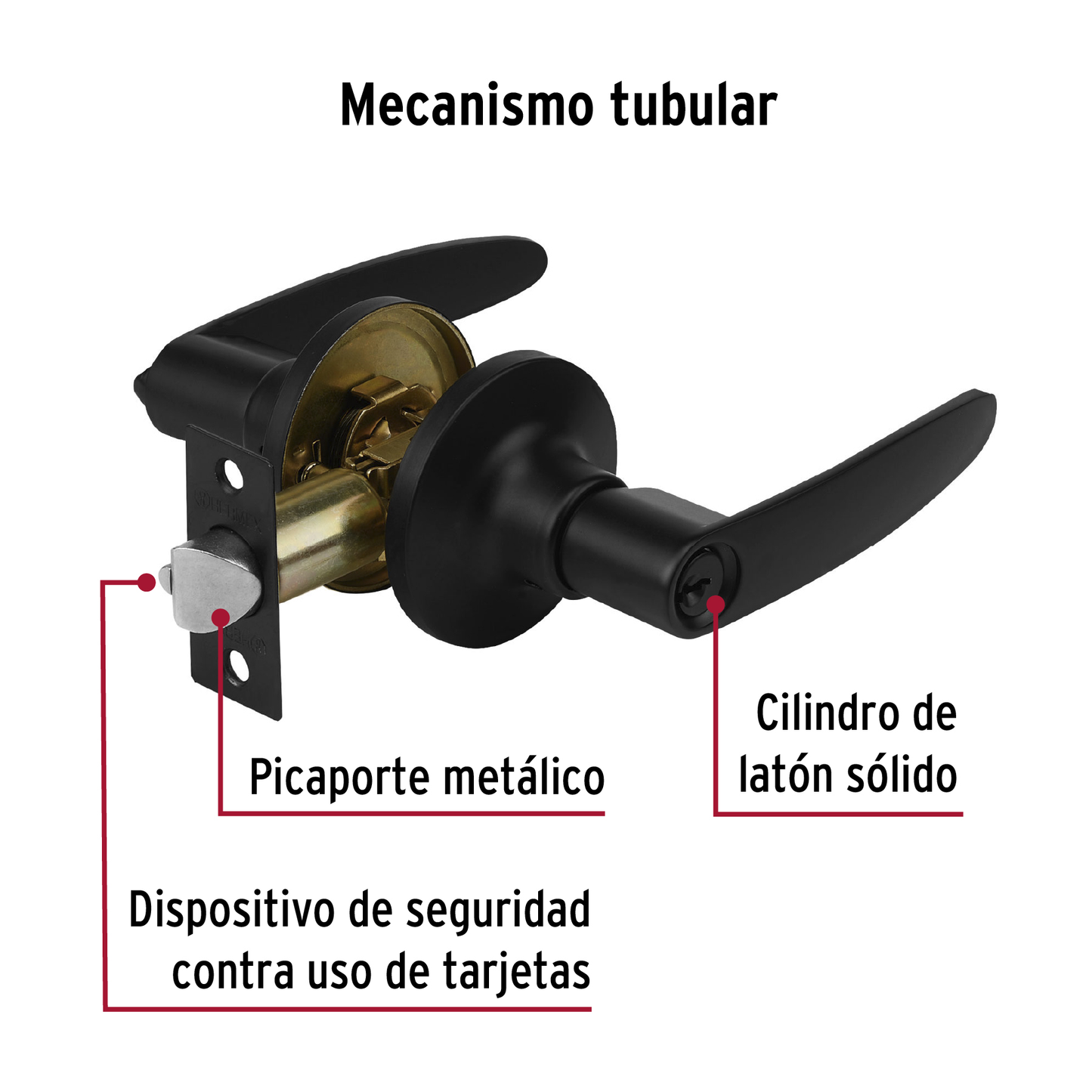 Cerradura manija, cilindro latón, negro, recámara, Hermex